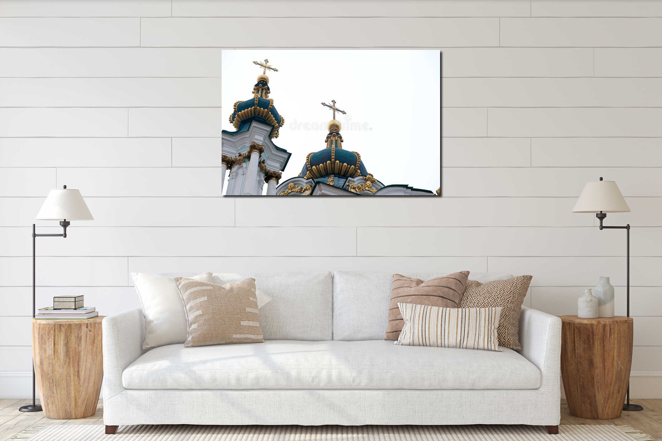 Majestic golden domes rise against the cloudy sky in Ukraine interior mockup