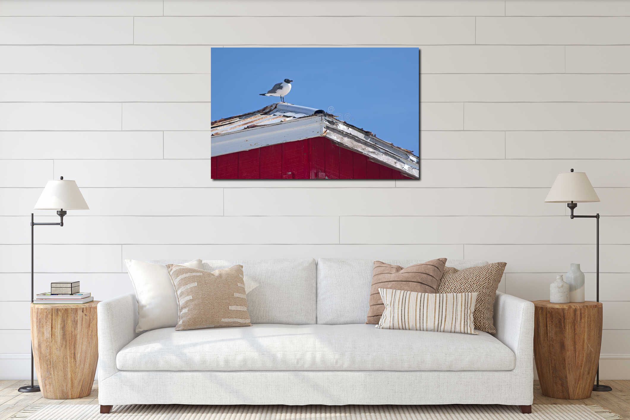 Seagull standing on top of a house interior mockup