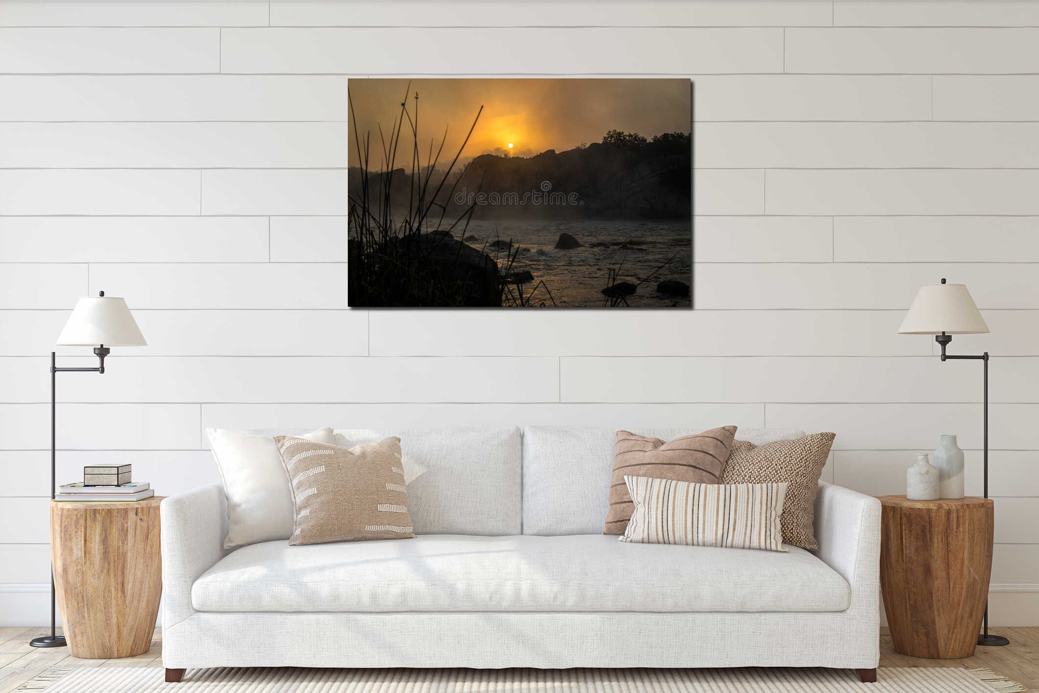 Sunset Over Rocky River With Mist in the Evening Light. interior mockup