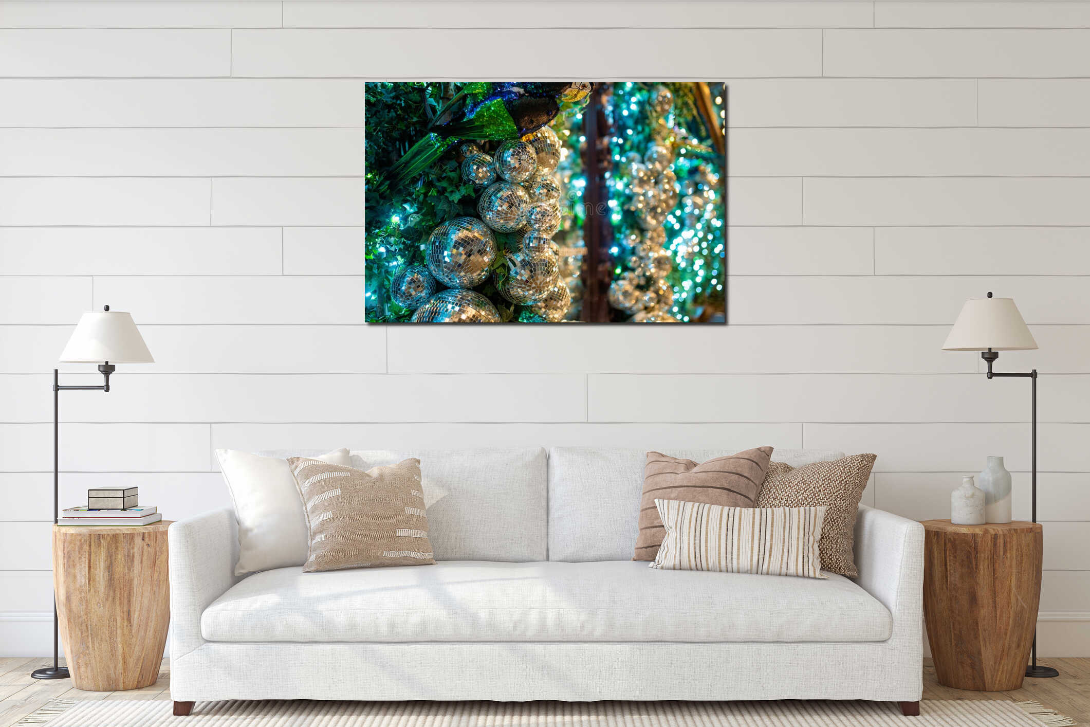 Festive decorations glow in the city at night, surrounded by rich colors and shimmering lights. A vibrant holiday atmosphere full interior mockup