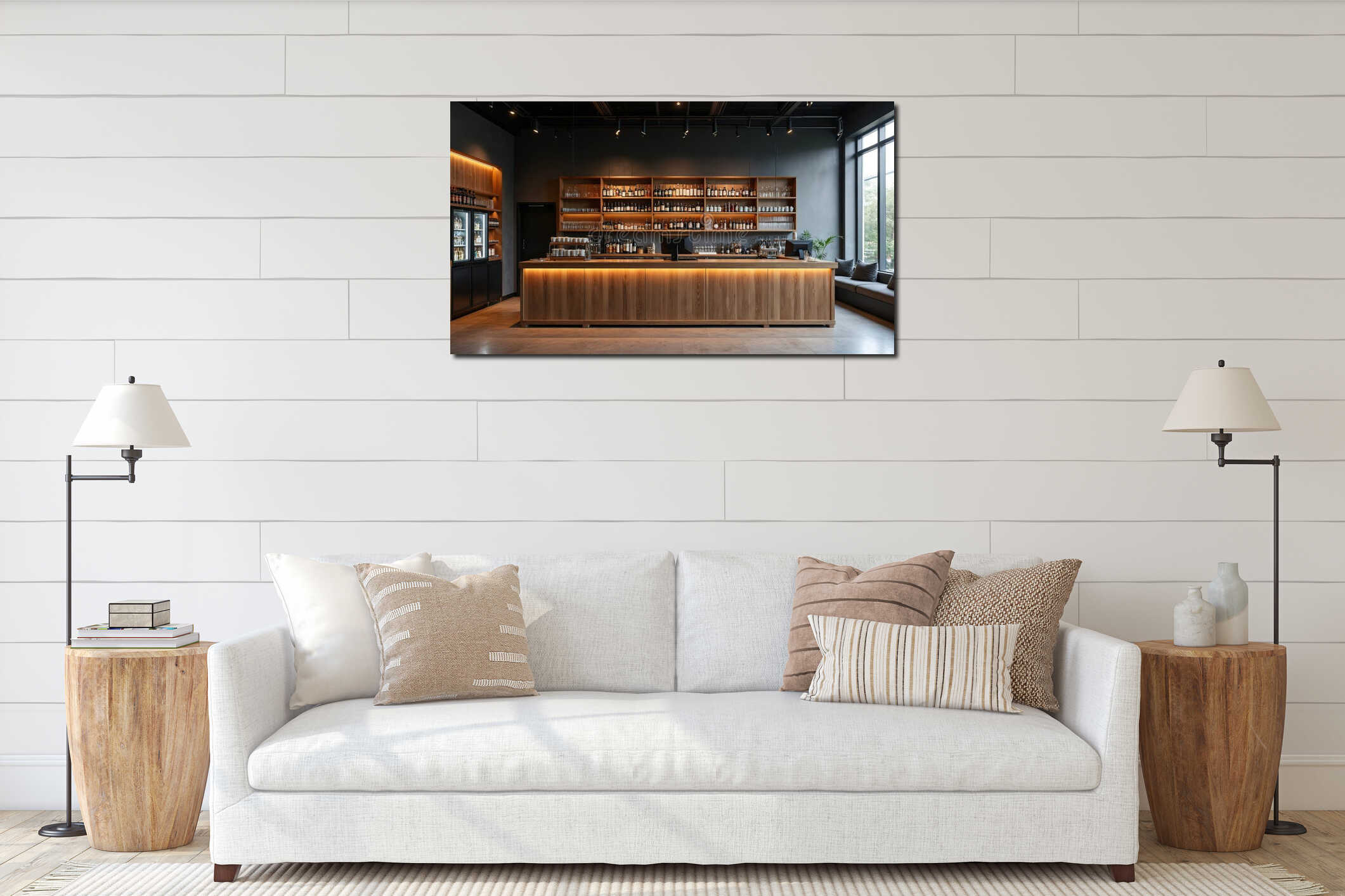 Modern bar interior with wood counter and shelves. Bottles and glasses displayed. POS system on counter. Natural light from large interior mockup