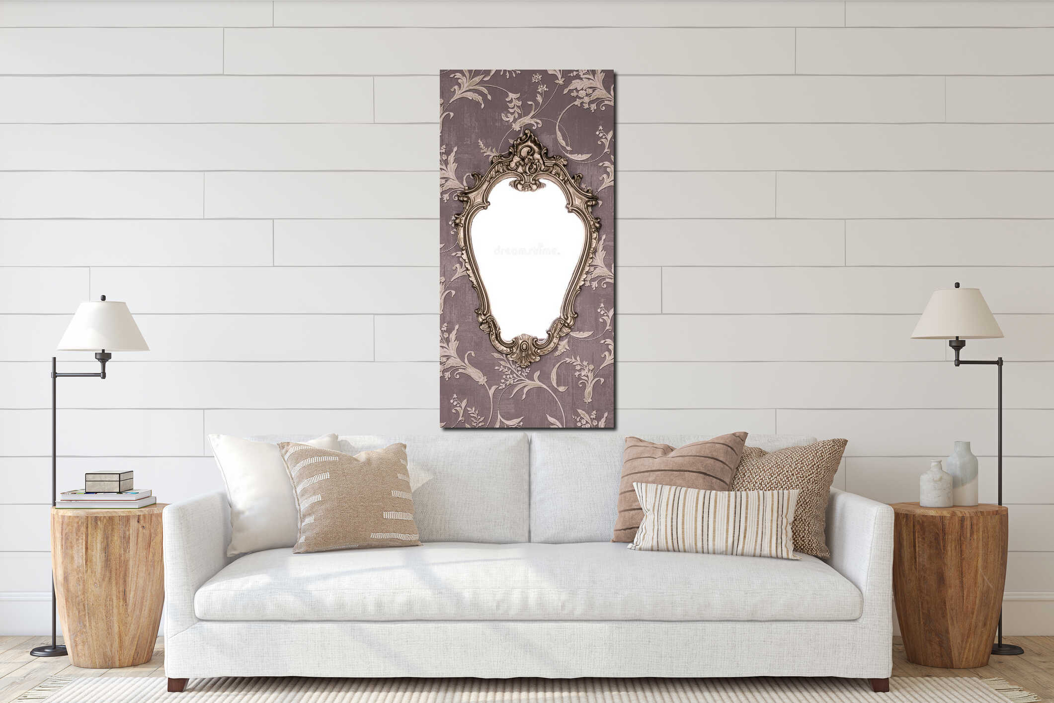 Ornate golden frame at the wallpaper wall with clipping path for the inside floral interior mockup
