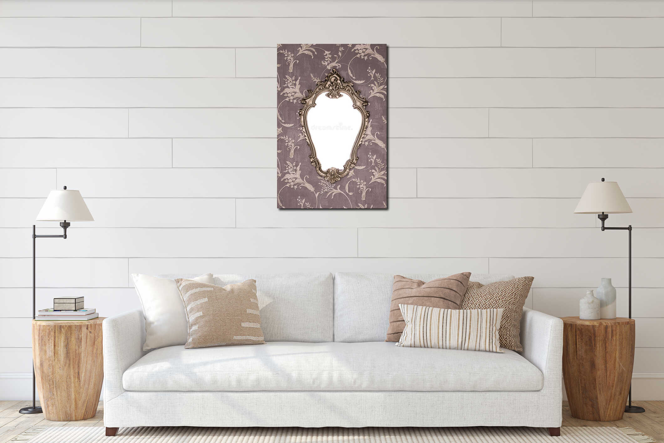 Ornate golden frame at the wallpaper wall with clipping path for the inside floral interior mockup