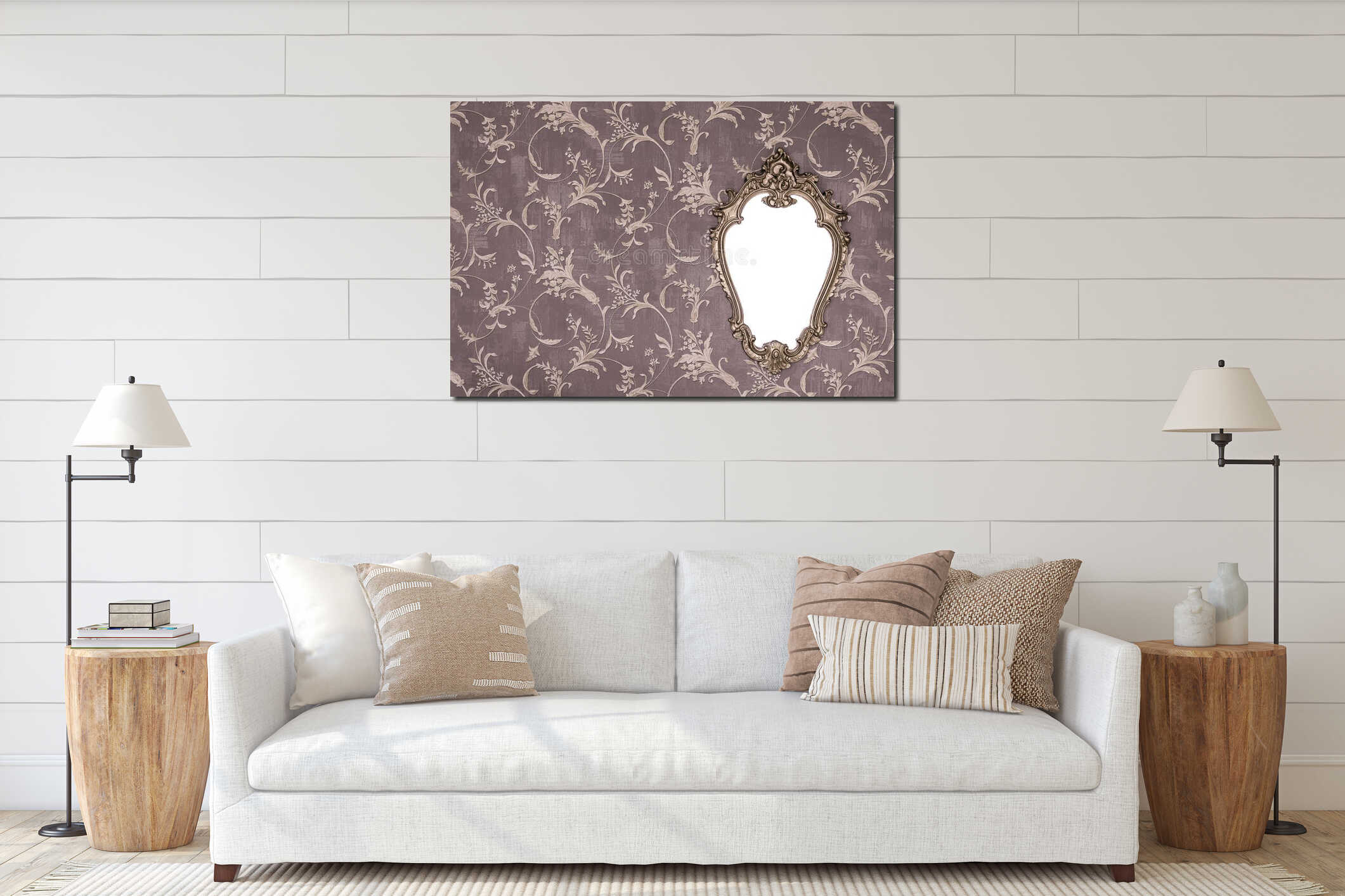 Ornate golden frame at the wallpaper wall with clipping path for the inside floral interior mockup