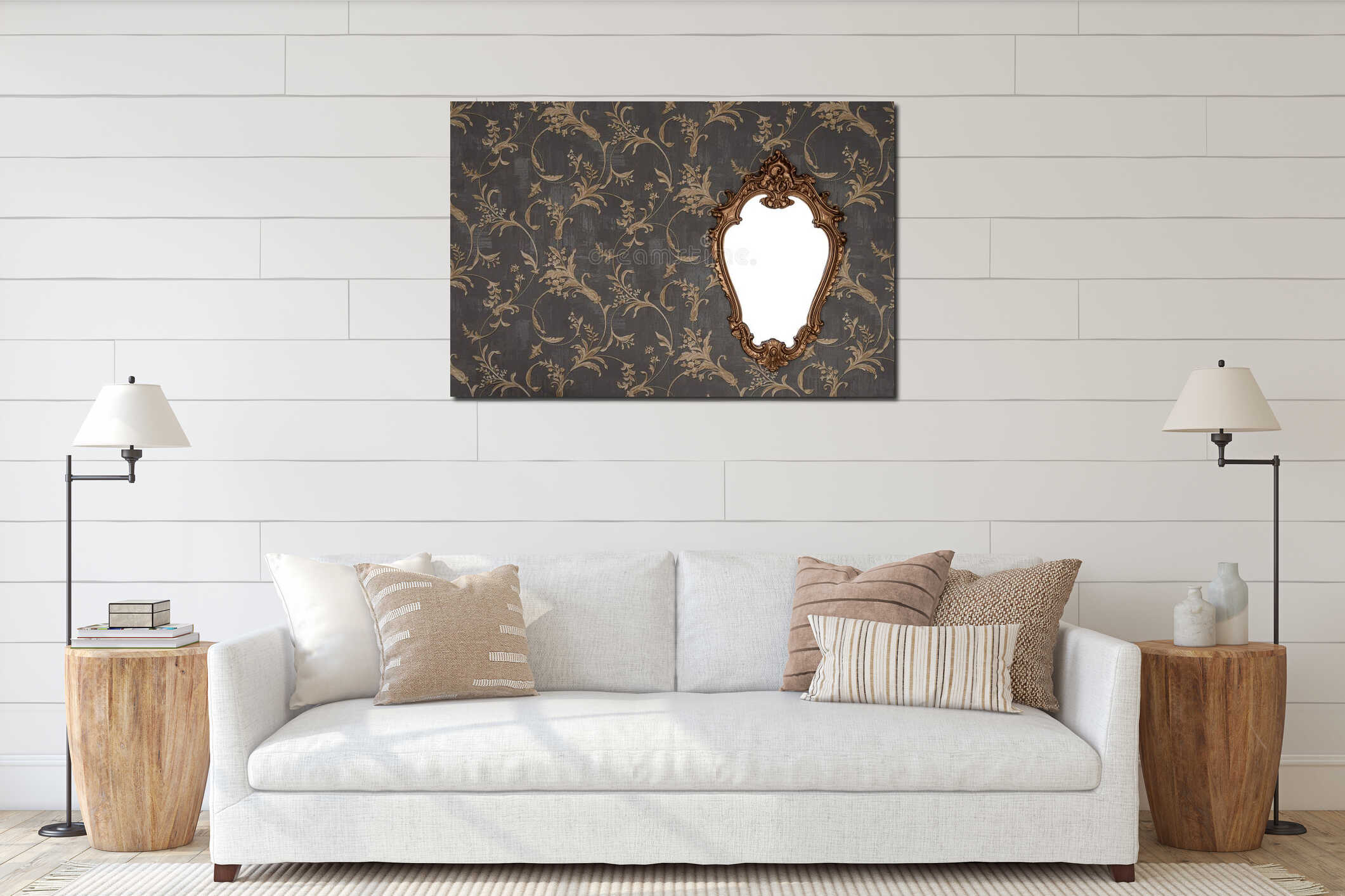 Ornate golden frame at the wallpaper wall with clipping path for the inside floral interior mockup