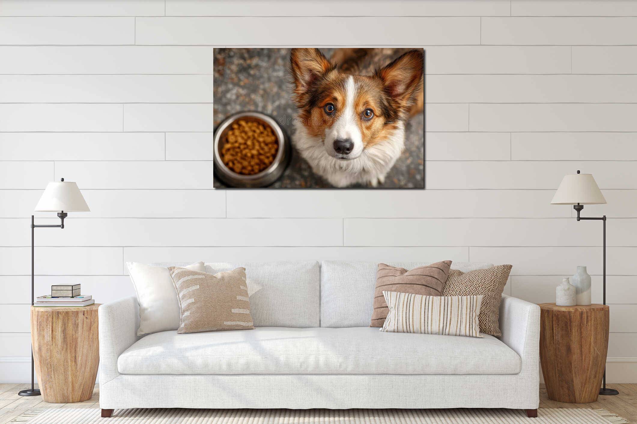 Top View of Cute Dog Beside Food Bowl on Simple Background interior mockup