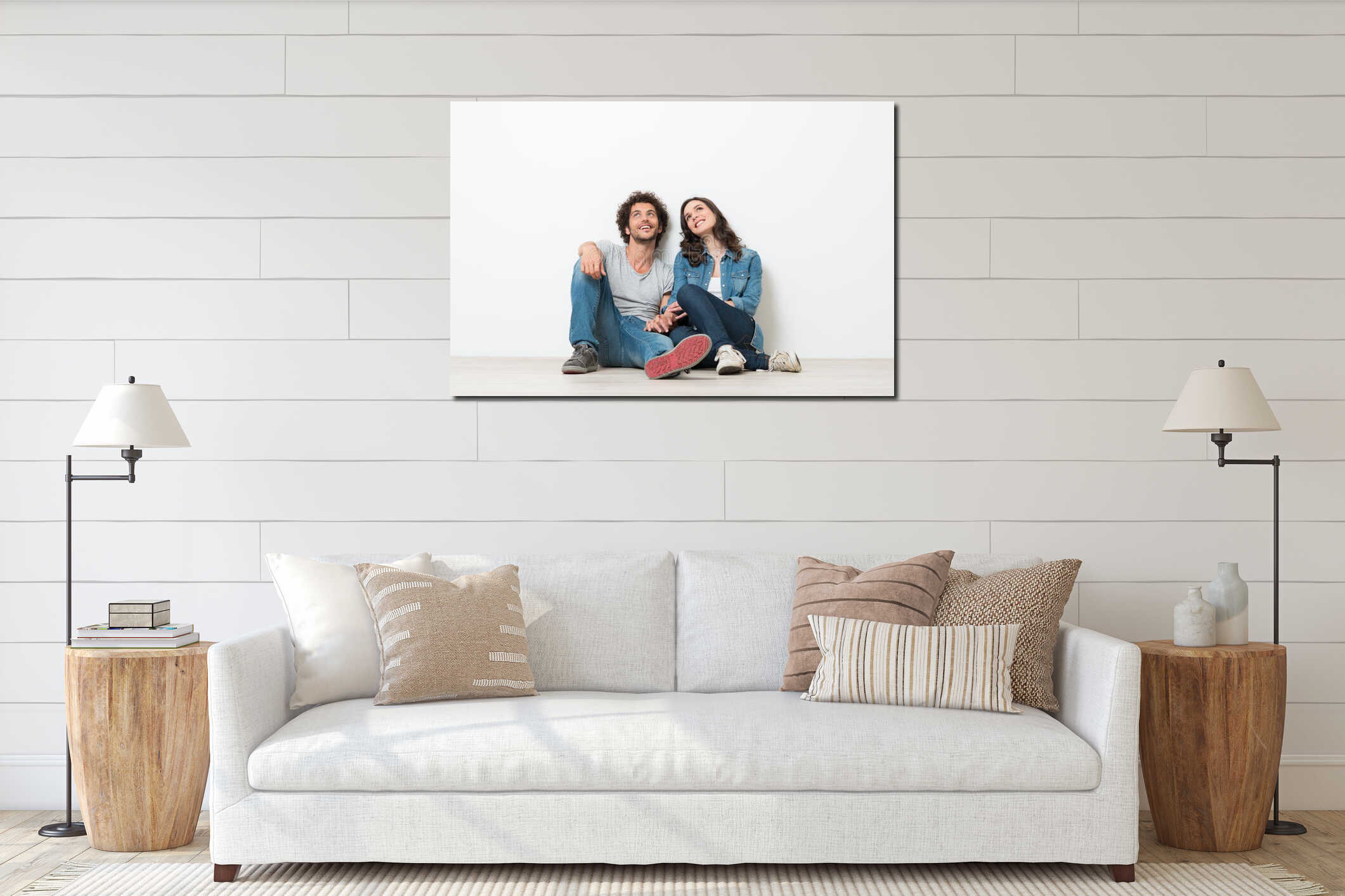 Happy Young Couple Looking Up interior mockup