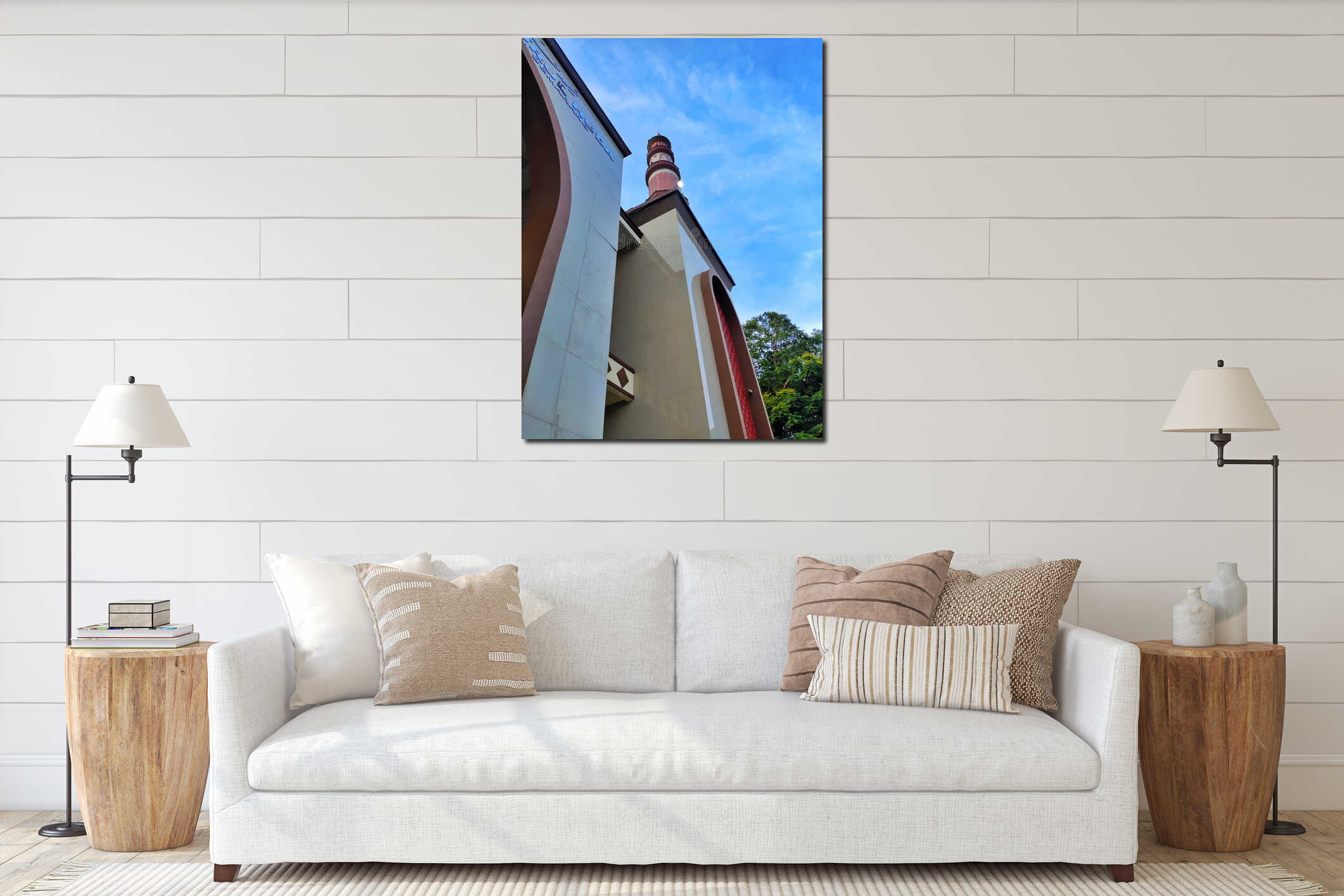 Modern mosque minaret with vibrant sky, Islamic architecture detail, cultural landmark exterior interior mockup