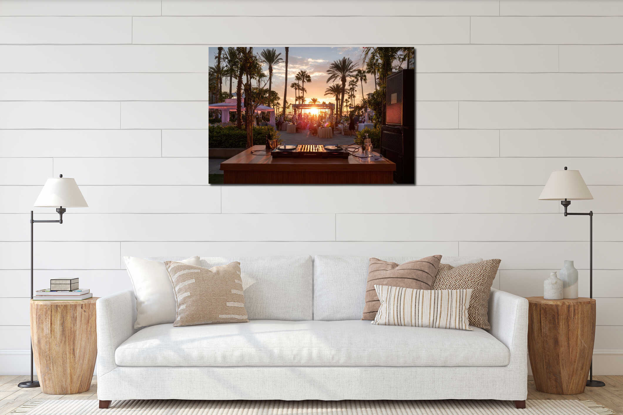 Outdoor DJ Booth at Sunset with Palm Trees, Lively Atmosphere interior mockup