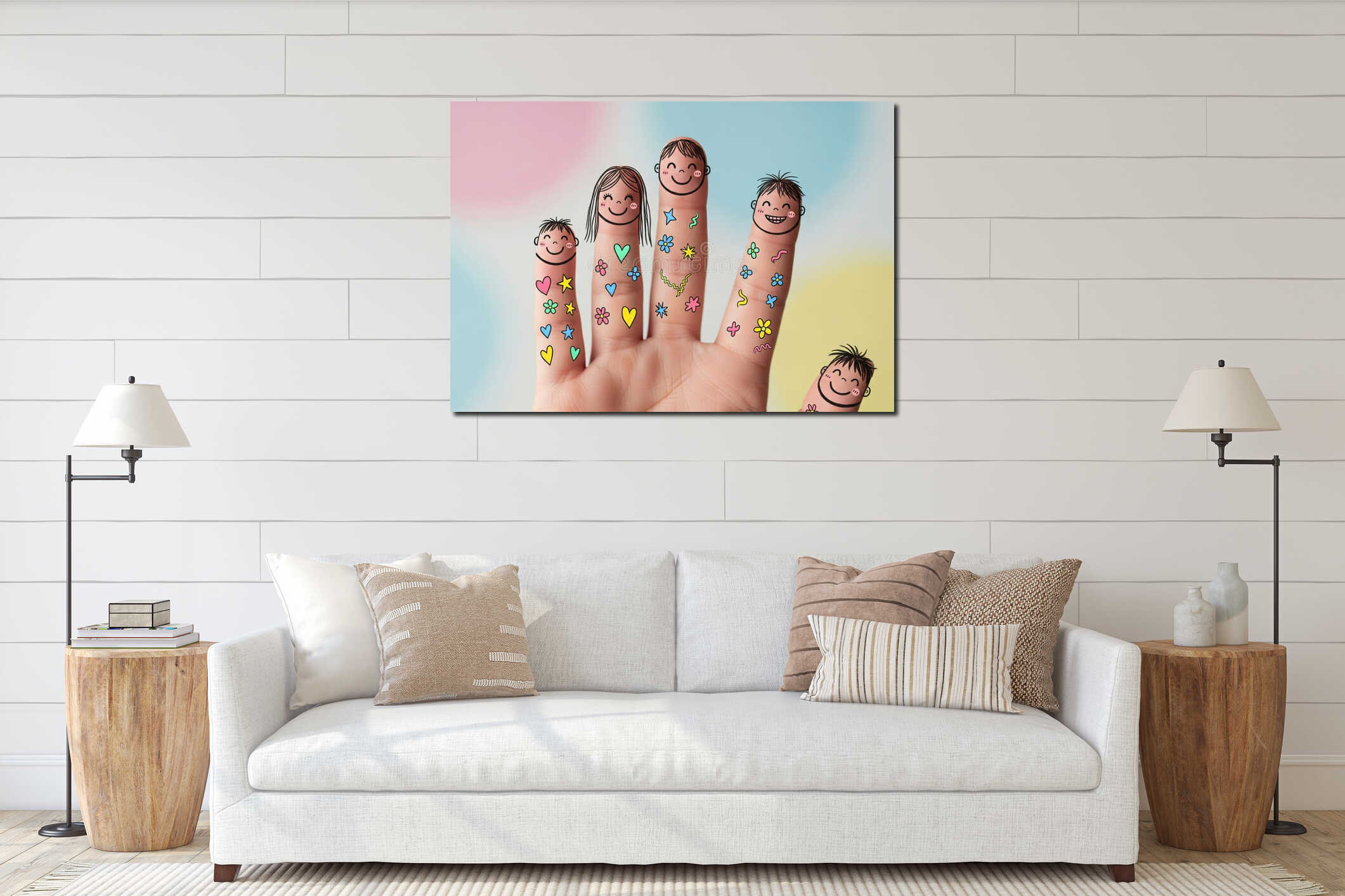 Whimsical finger art with smiling faces and colorful hearts, stars, and flowers on human hand. concept of creative expression, fun interior mockup