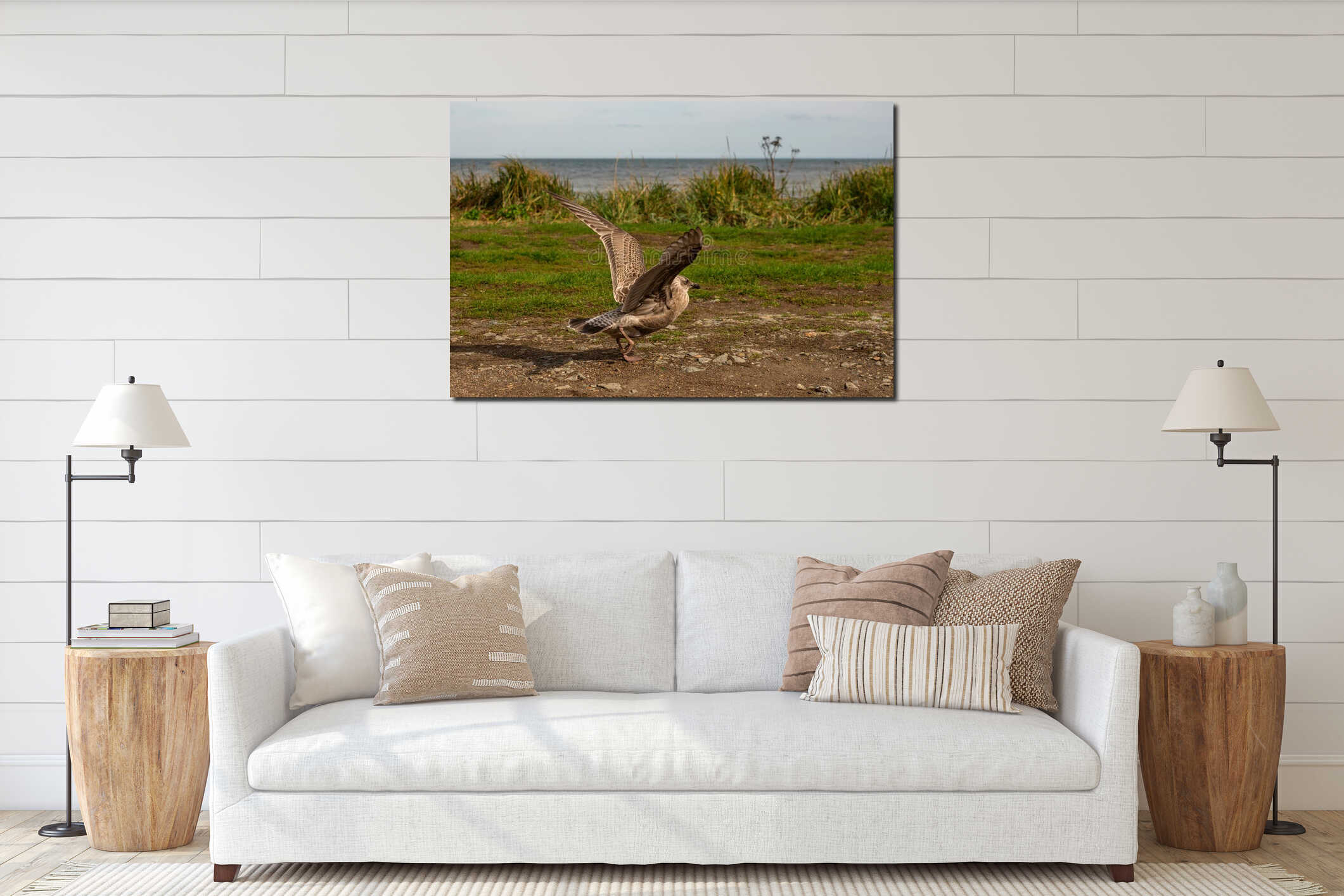 Juvenile seagull spreading wings on rocky coastal ground interior mockup