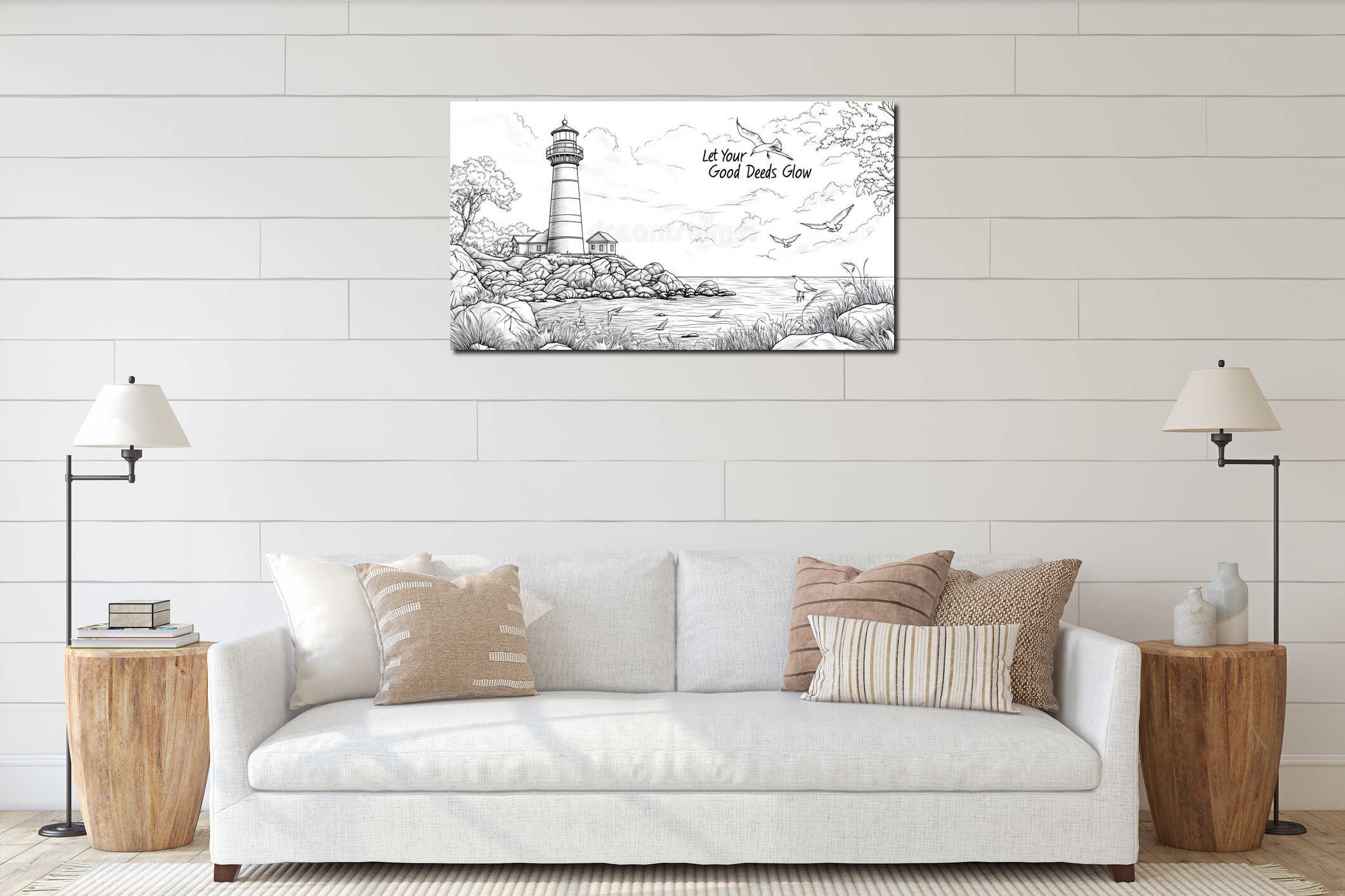 Lighthouse on Rocky Coastline with Seagulls and Inspiring Quote "Let Your Good Deeds Glow" interior mockup