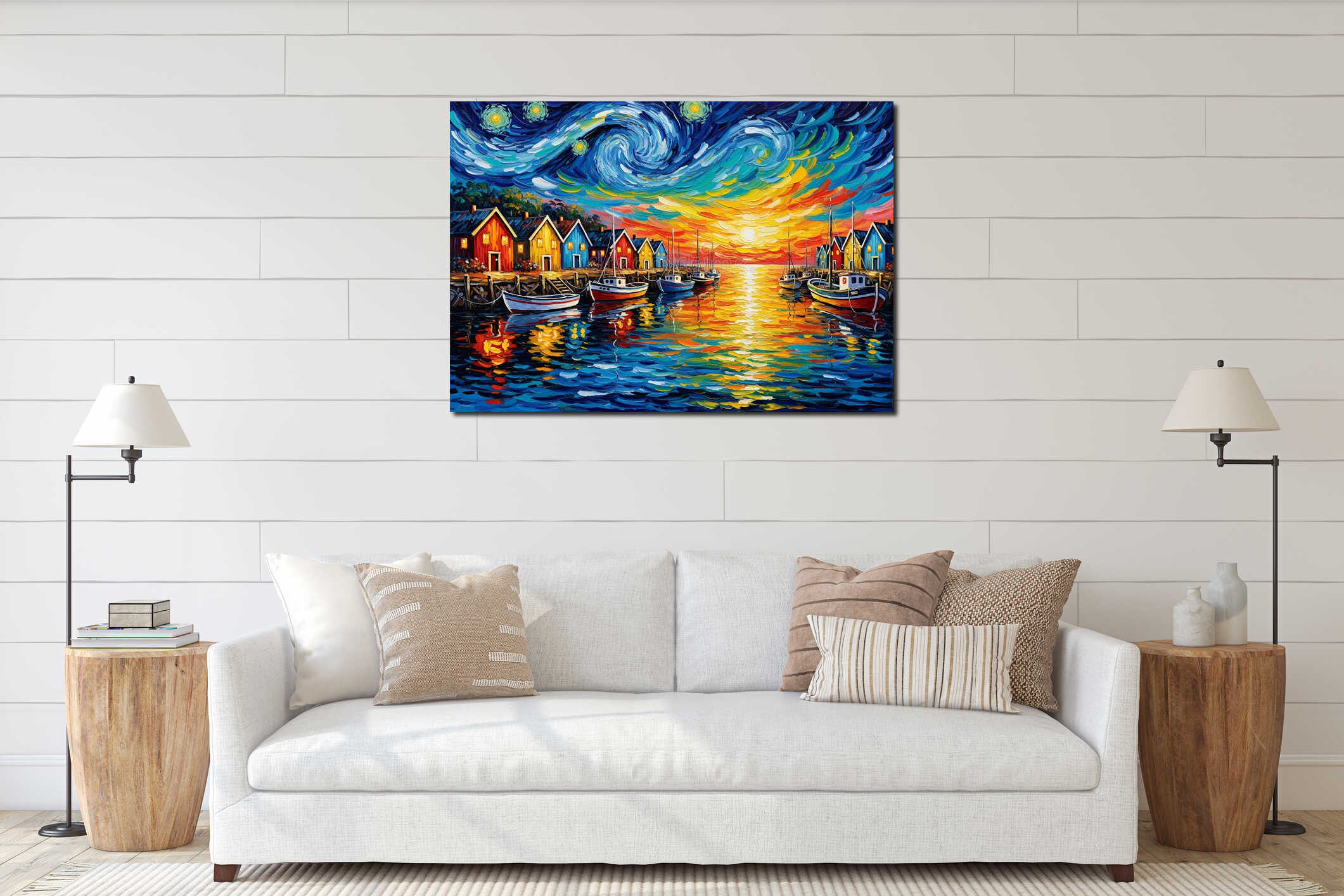 Bold impasto painting of coastal harbor, with wooden houses and fishing boats along calm water interior mockup