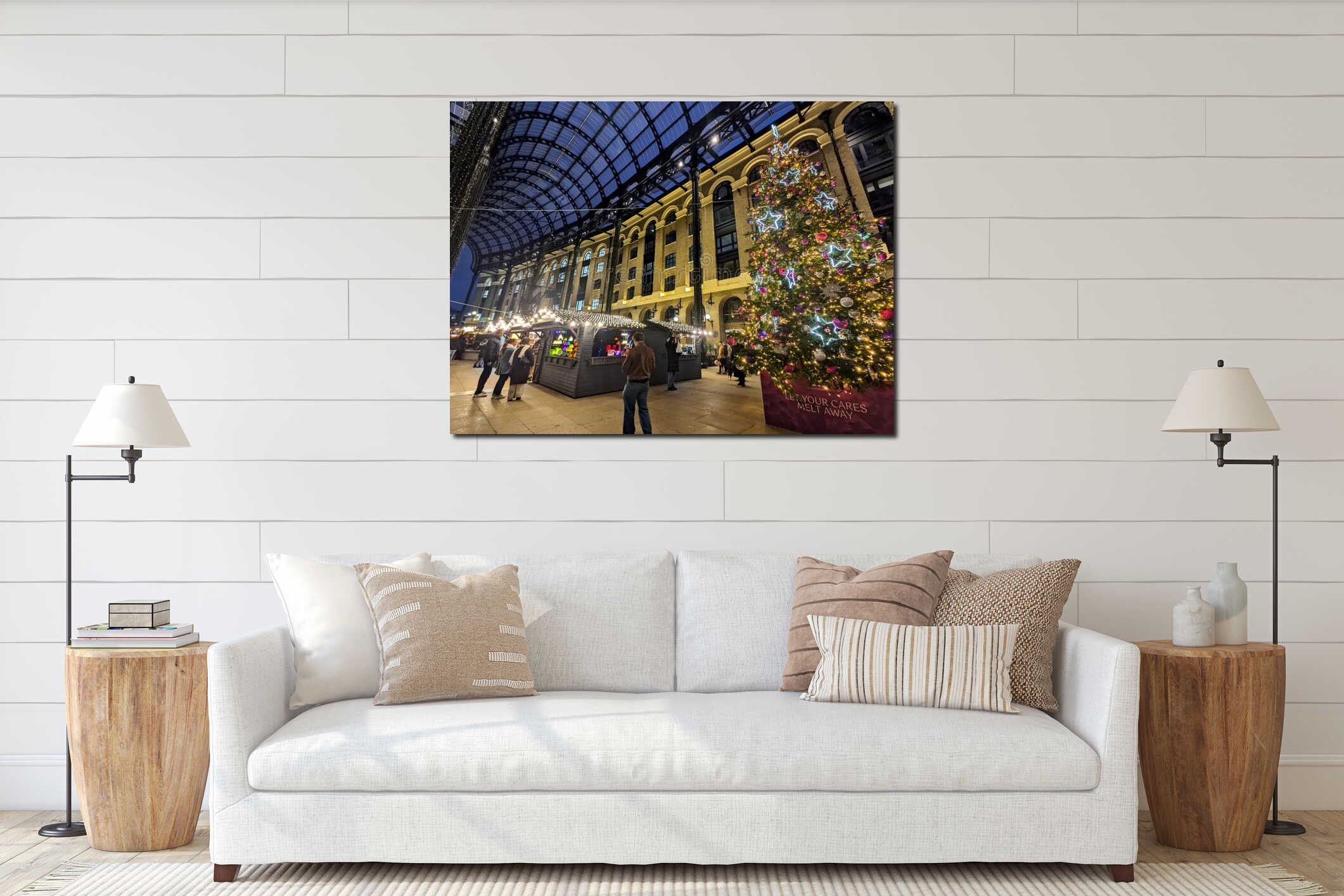 Festive Christmas Tree and Market Stalls Illuminate Historic Hay's Galleria at Night in London interior mockup