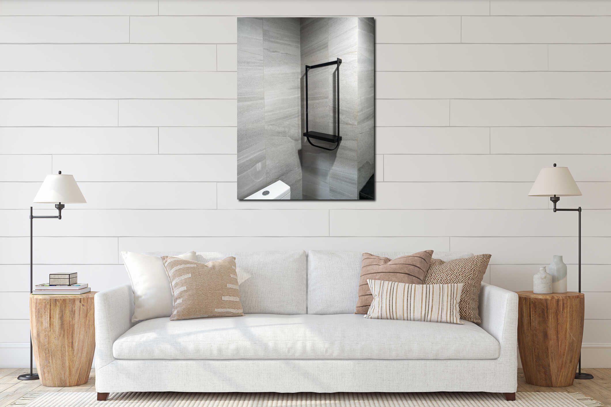 Minimalist empty black metal bathroom shelf on modern grey wall tiles, perfect for product mockup, interior design, and bathroom interior mockup