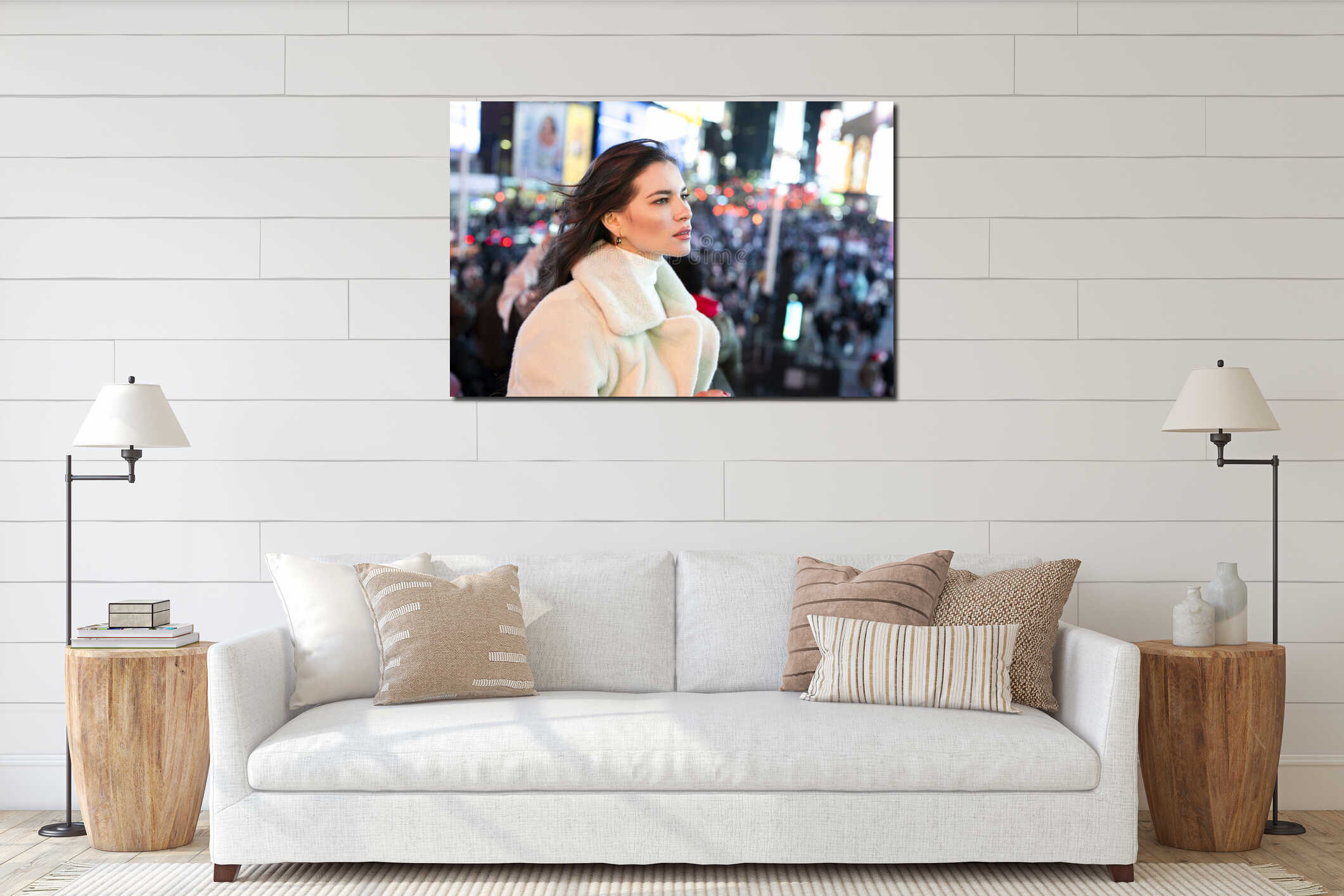 City night atmosphere. Urban fashion portrait. Stylish winter coat. Model face closeup. Night lifestyle. Winter street style interior mockup