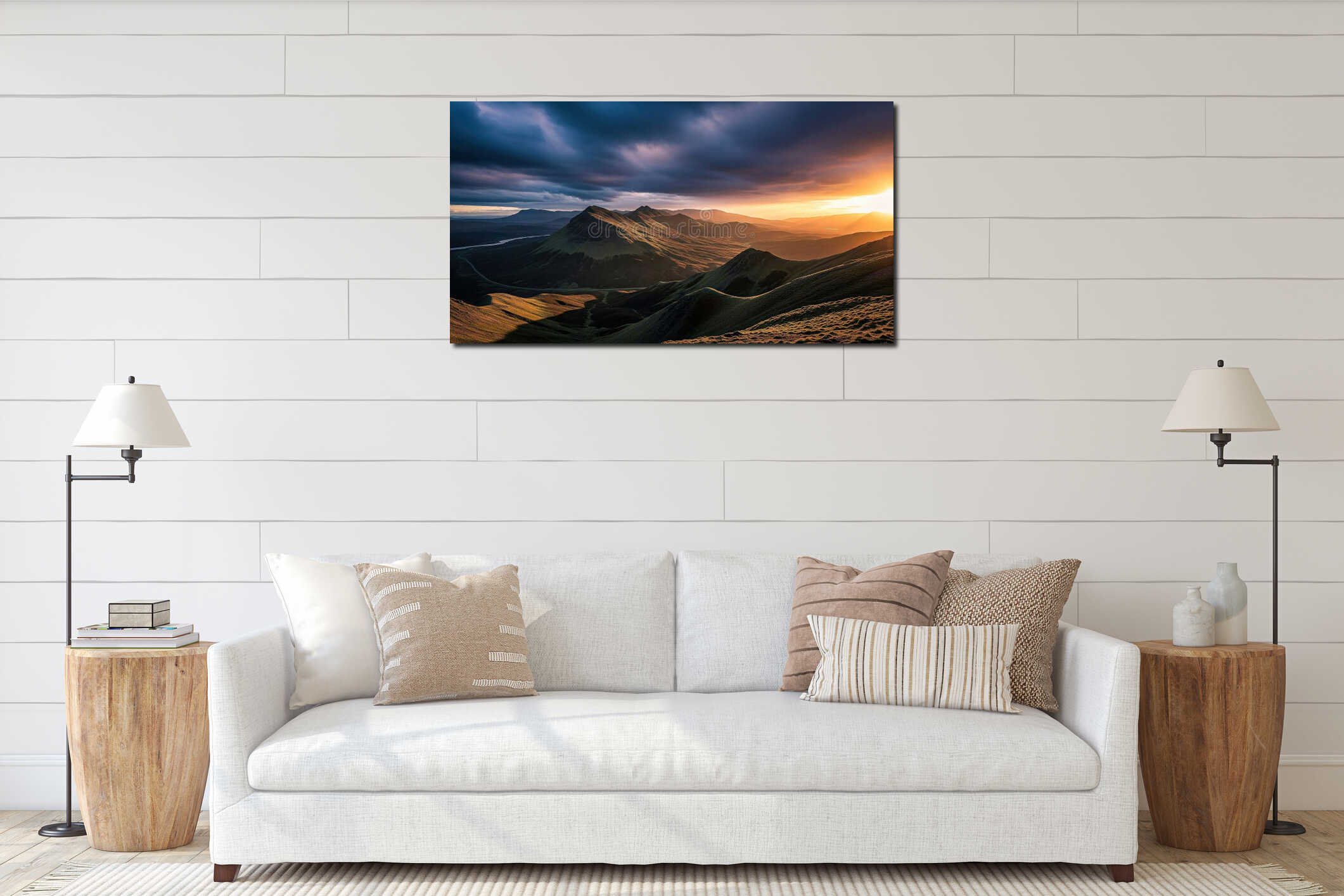 Dramatic Sunset Over a Vast Mountain Landscape Under Stormy Skies interior mockup