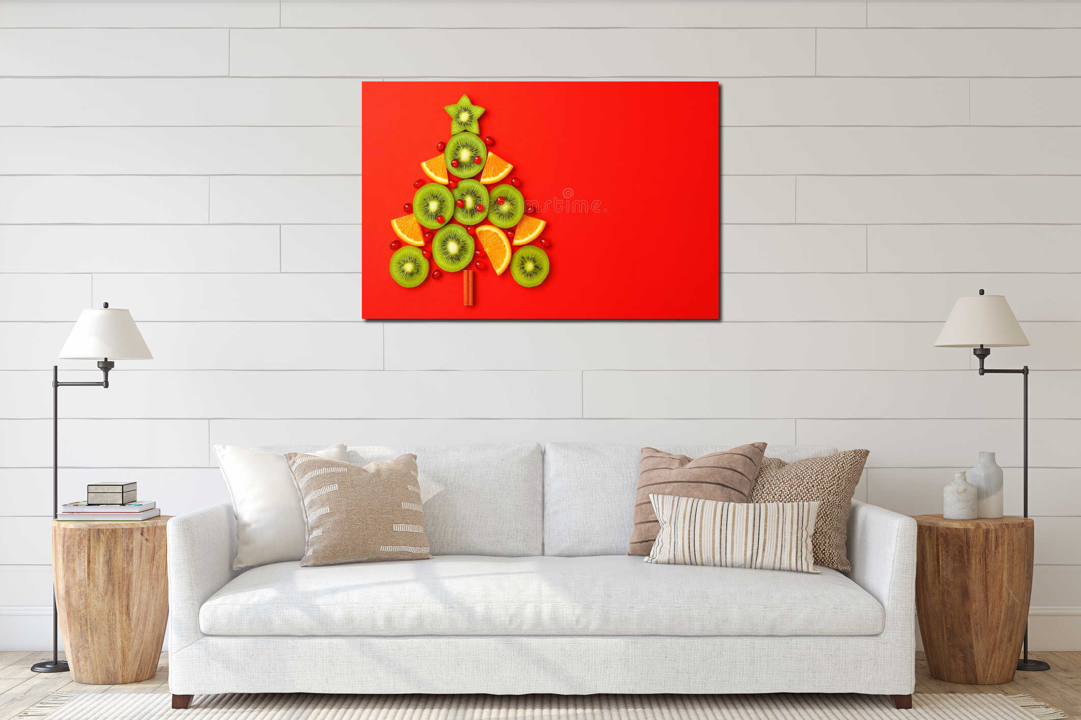 A Creative Arrangement of Fresh Fruits Forming a Vibrant Christmas Tree on a Bright Red interior mockup