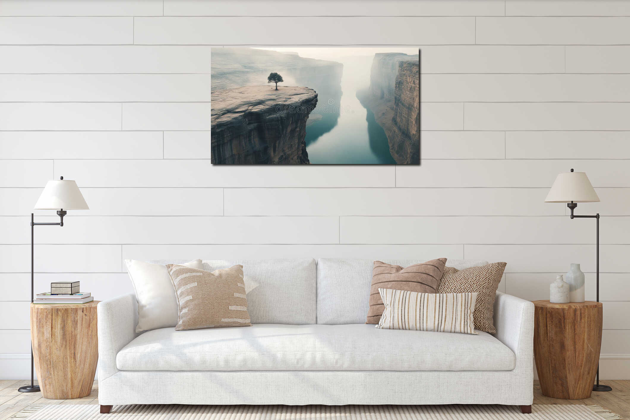 Lone tree stands on a rocky cliff overlooking a vast canyon with calm water below. interior mockup