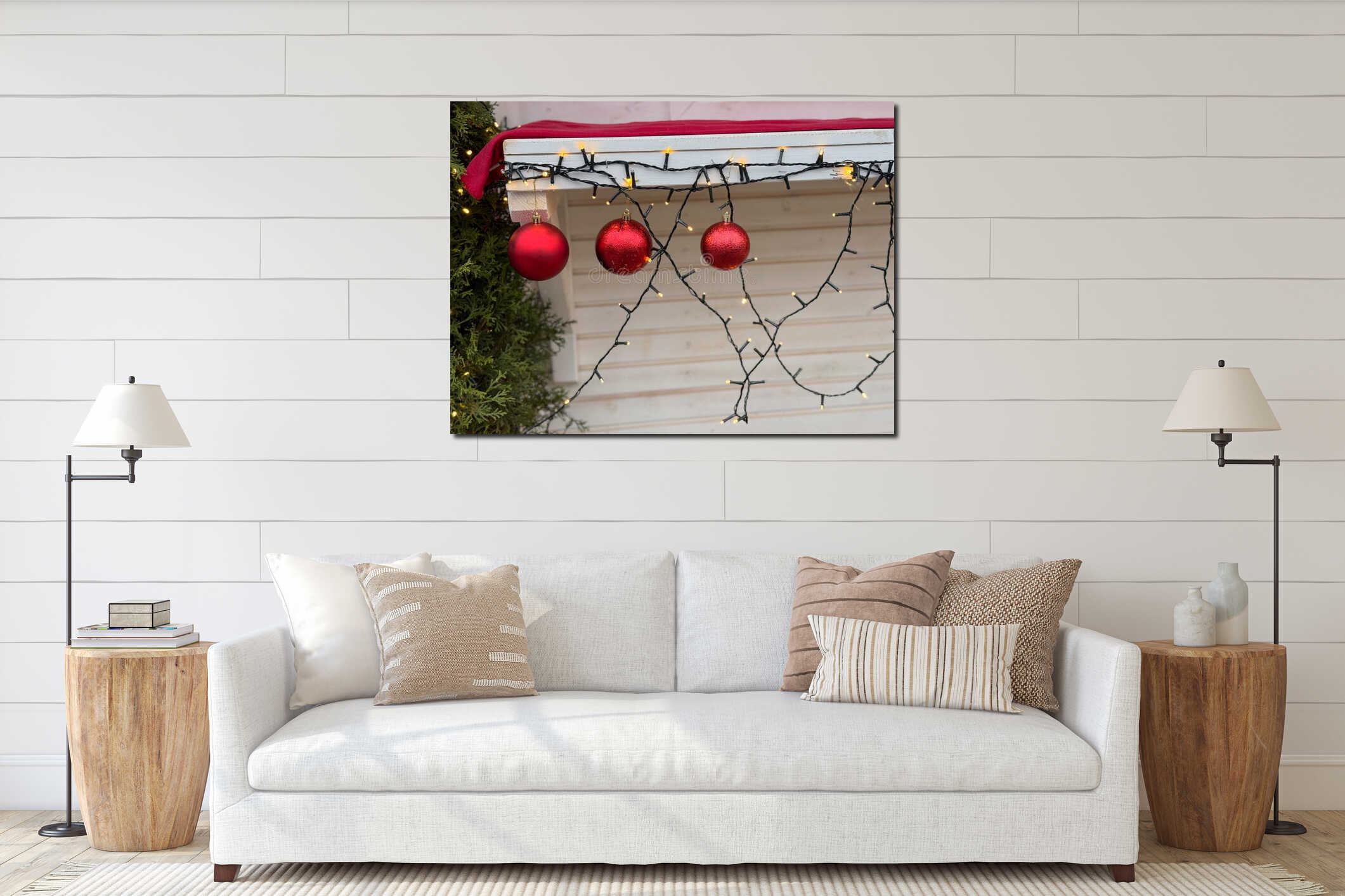 Red Christmas ornaments hanging under wooden stall roof with glowing string lights. Holiday market decor, winter celebration and interior mockup