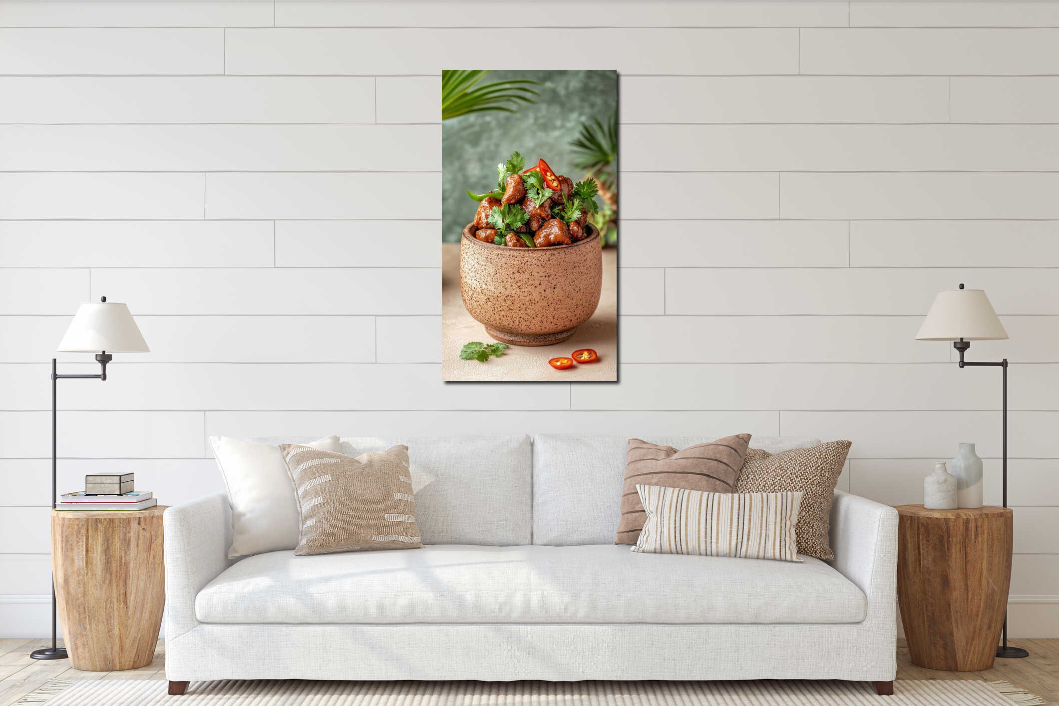 Savory plant based bites in a rustic bowl, garnished with fresh vibrant cilantro and fiery red chili peppers. Healthy delicious interior mockup