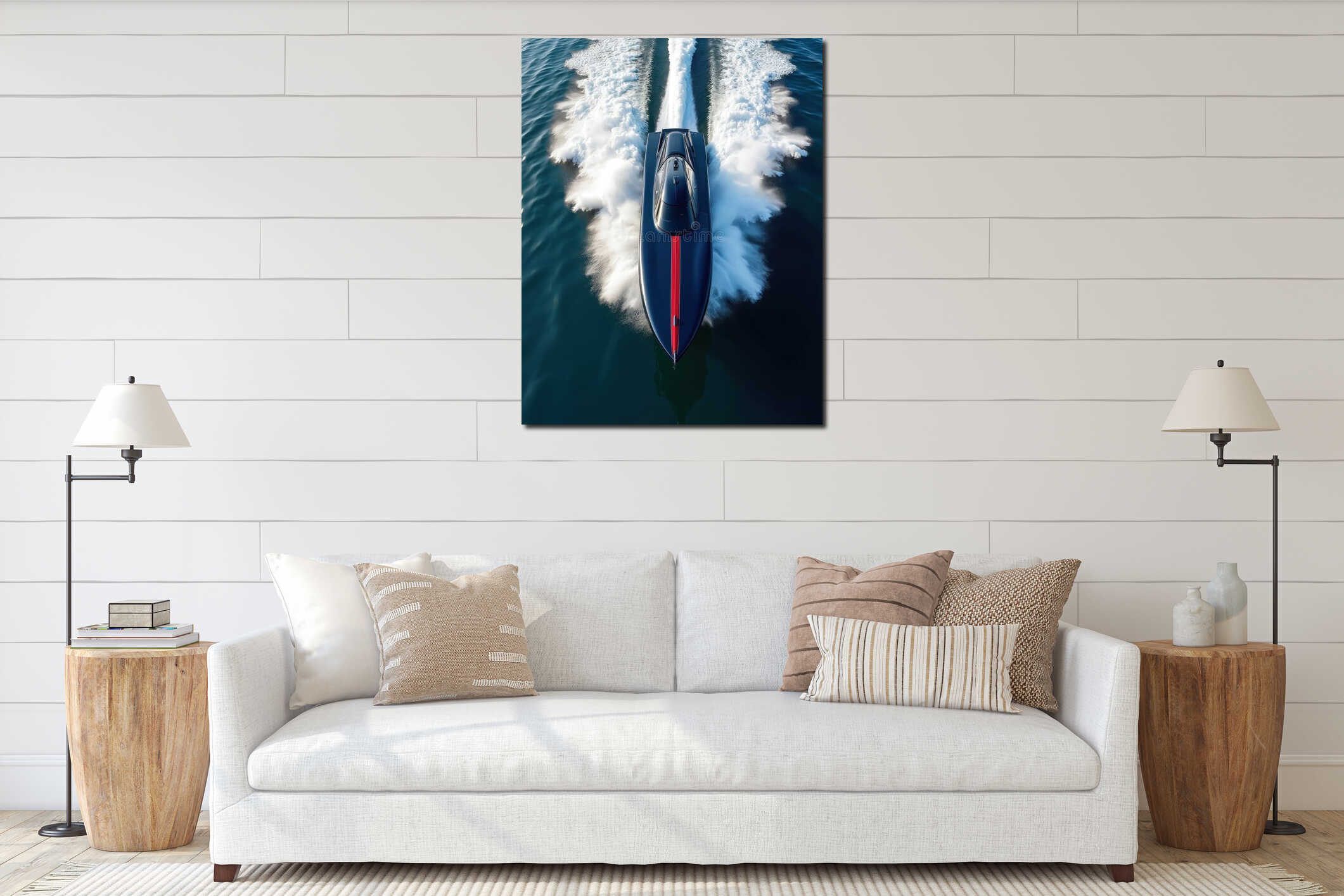 Dark blue racing boat with red stripe speeds on ocean water. Vessel leaves white foamy trails creating splashes. Fast motorboat interior mockup