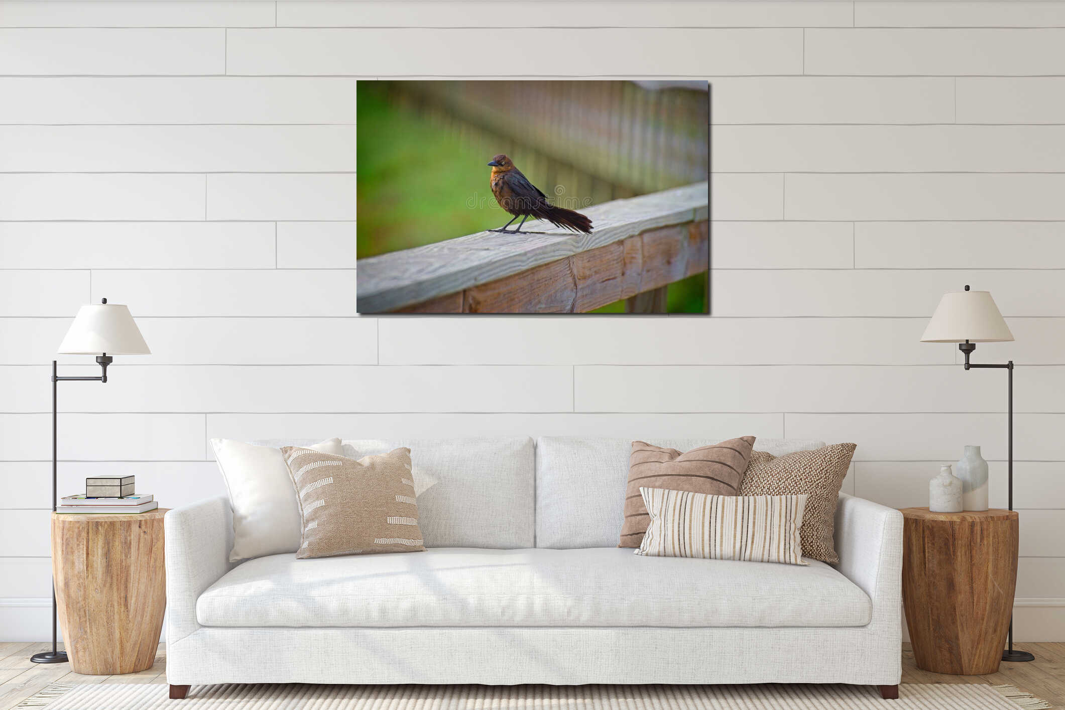 Brown Bird Perched on Wooden Railing interior mockup