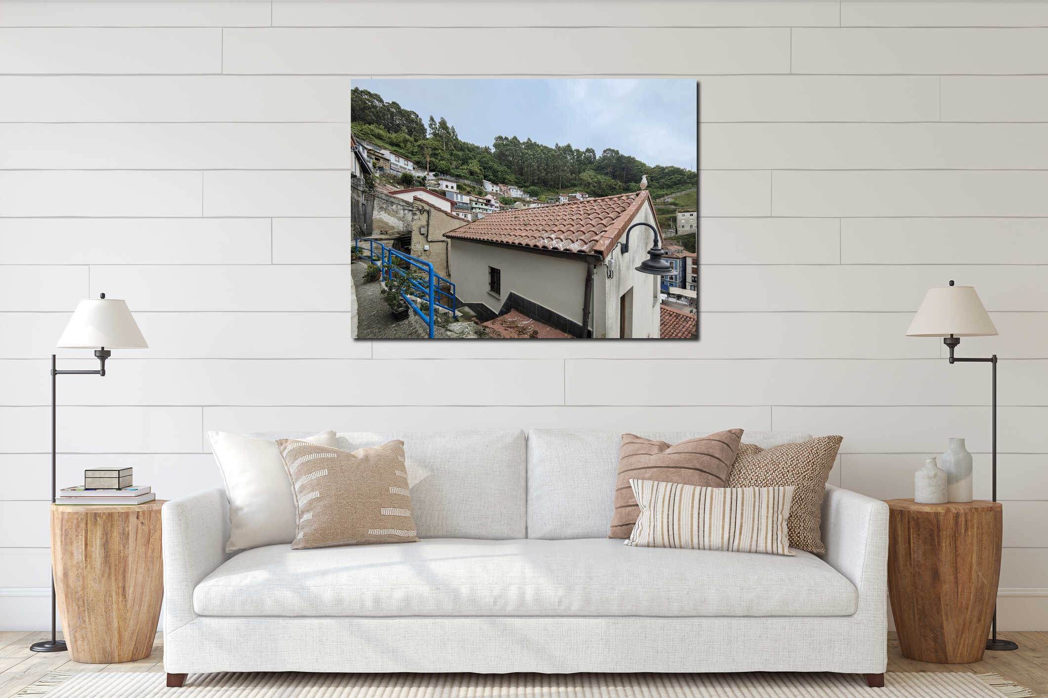 Seagull standing on rooftop in cudillero village interior mockup