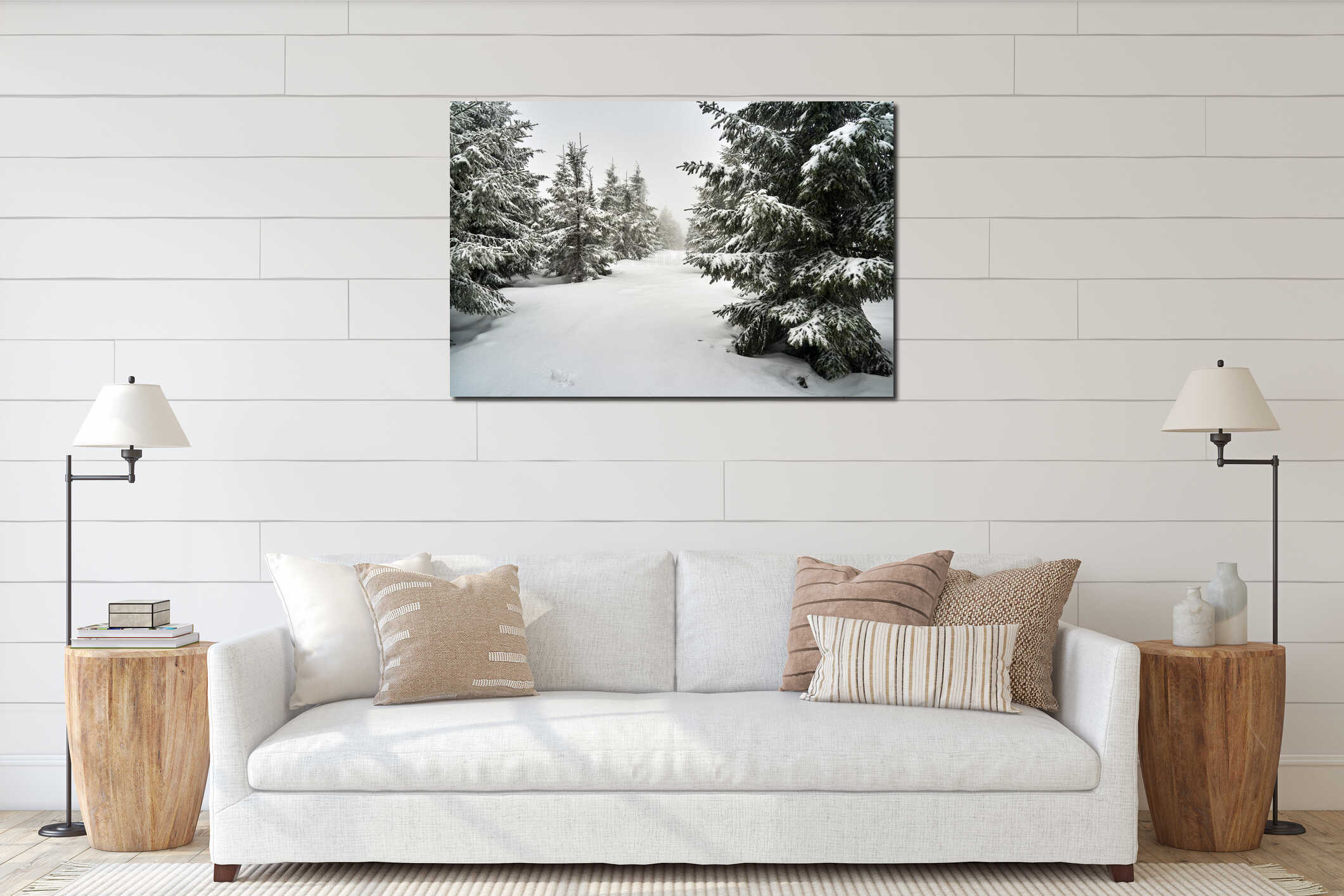 Snow-covered mountain hiking trail in a coniferous forest during winter in the Karkonosze Mountains interior mockup