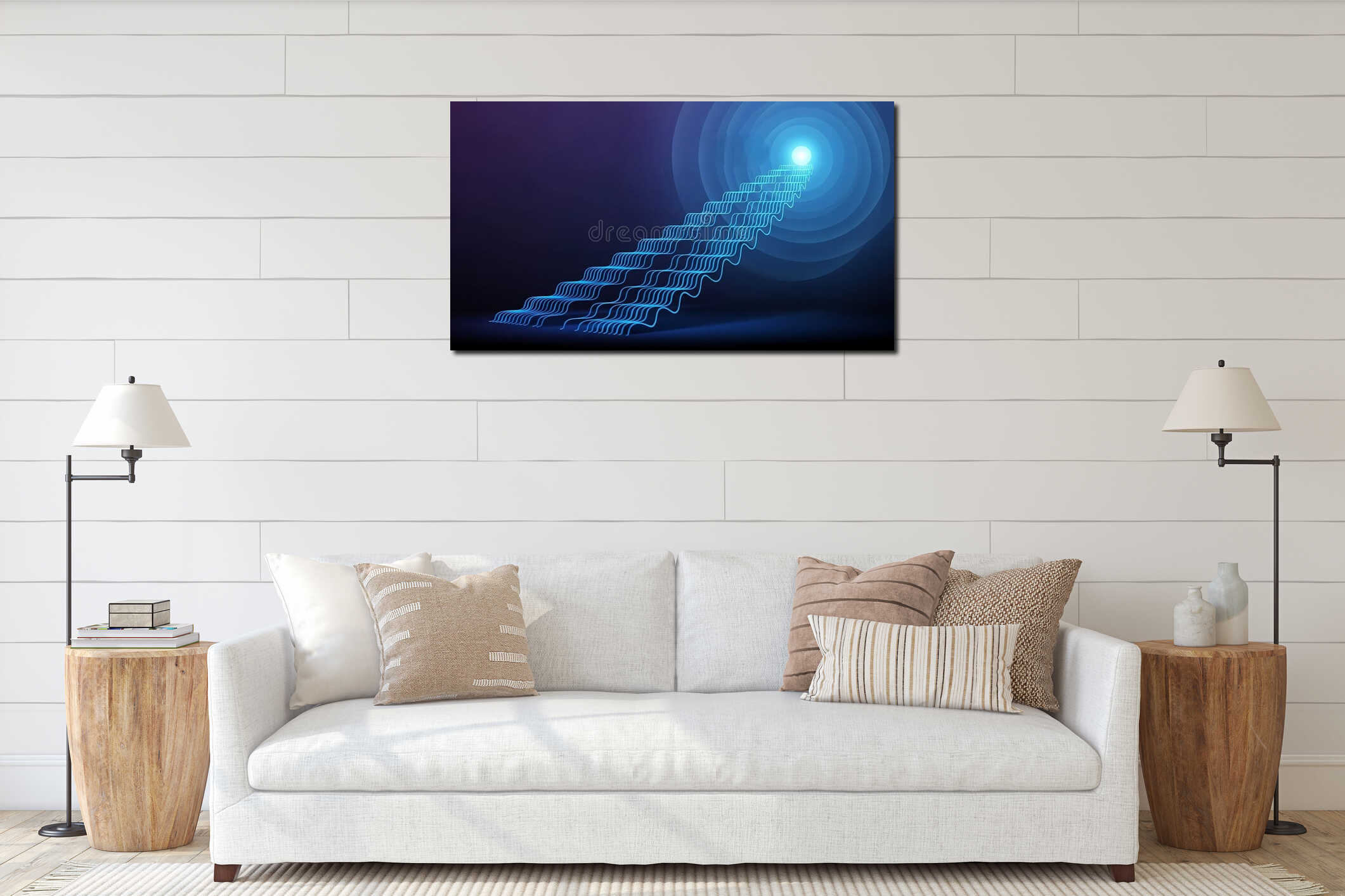 Abstract glowing blue neon staircase ascends toward a bright light source representing success and digital progress interior mockup