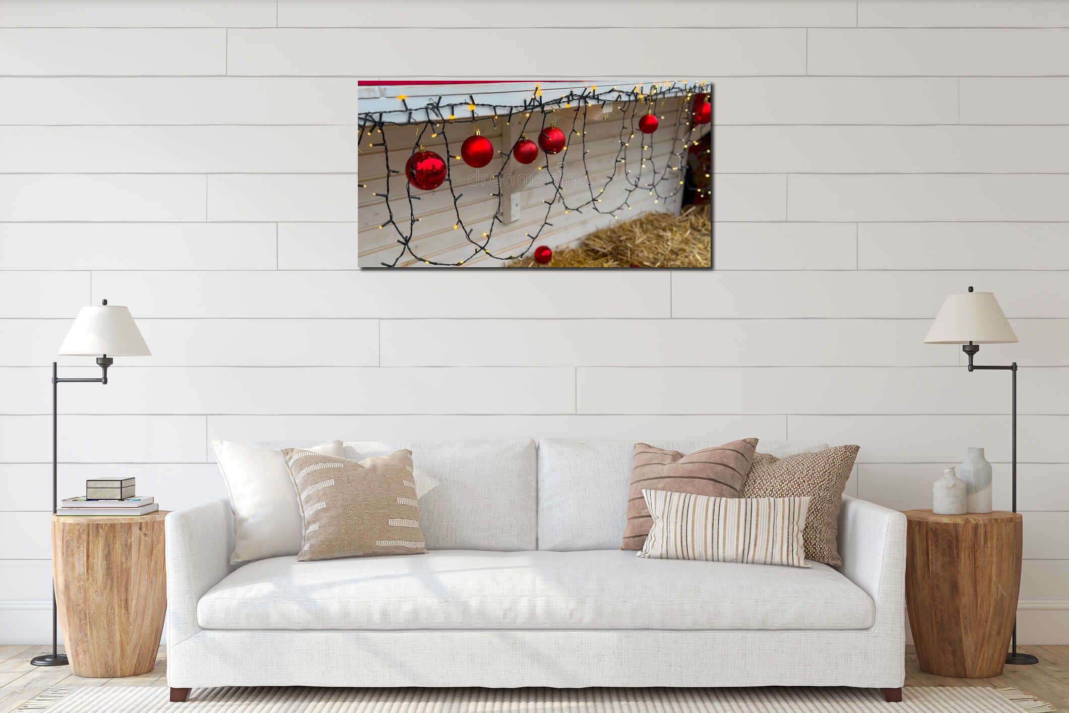 Banner red Christmas ornaments hanging under wooden stall roof with glowing string lights. Holiday market decor, winter interior mockup