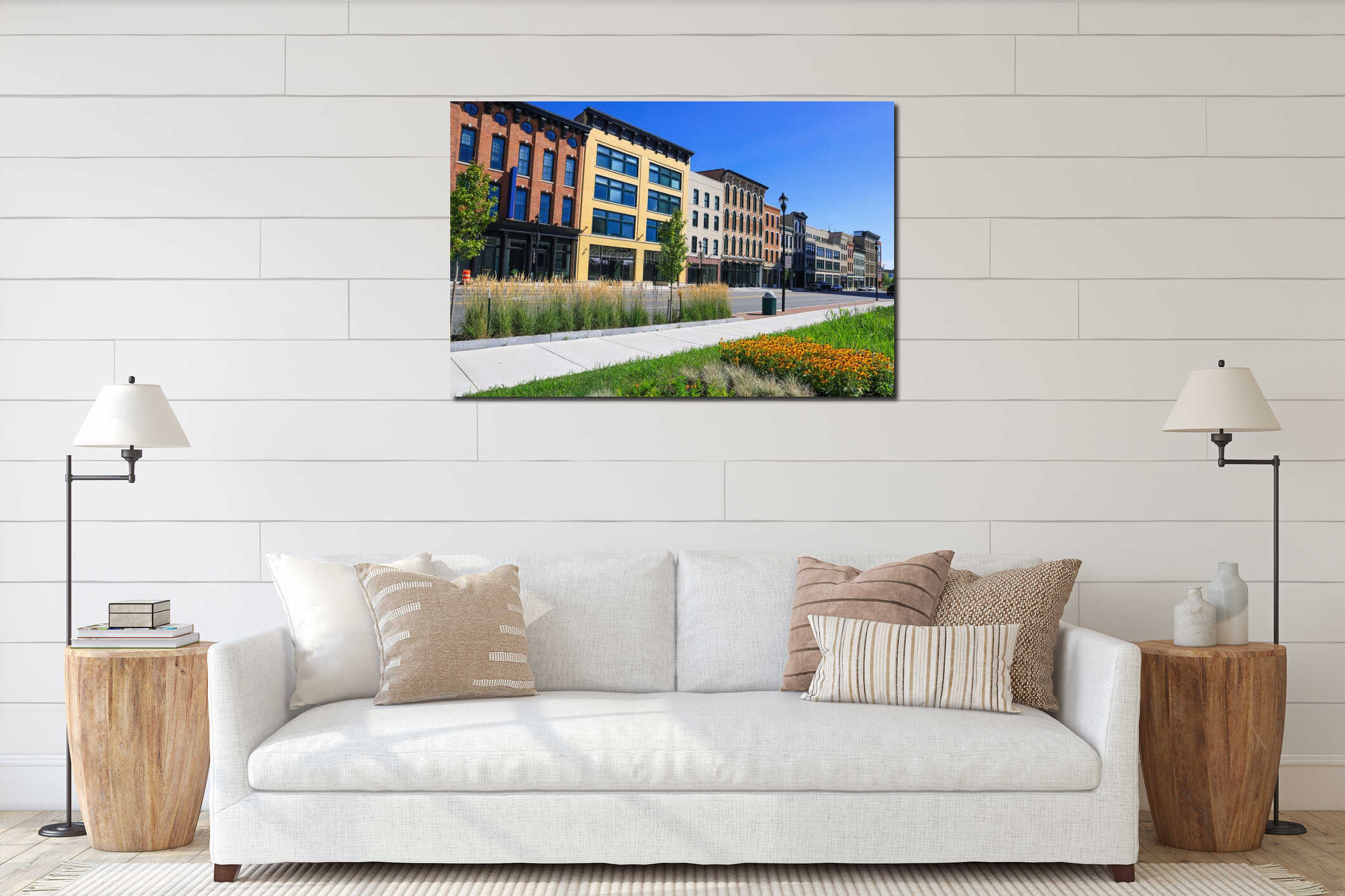 Row of colorful traditional looking modern business buildings along Summit street in Toledo downtown, Ohio, USA interior mockup