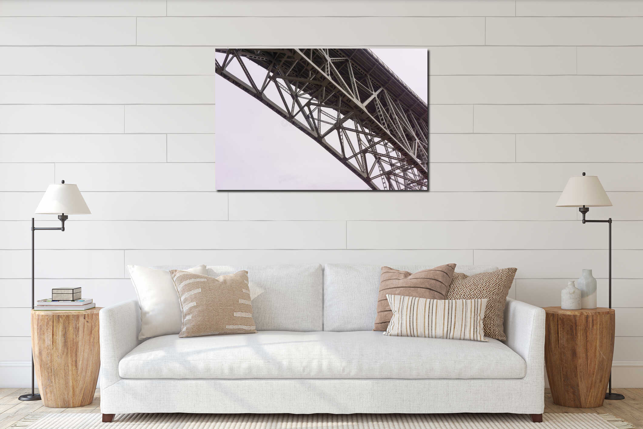 A view of the underside of a steel truss bridge interior mockup