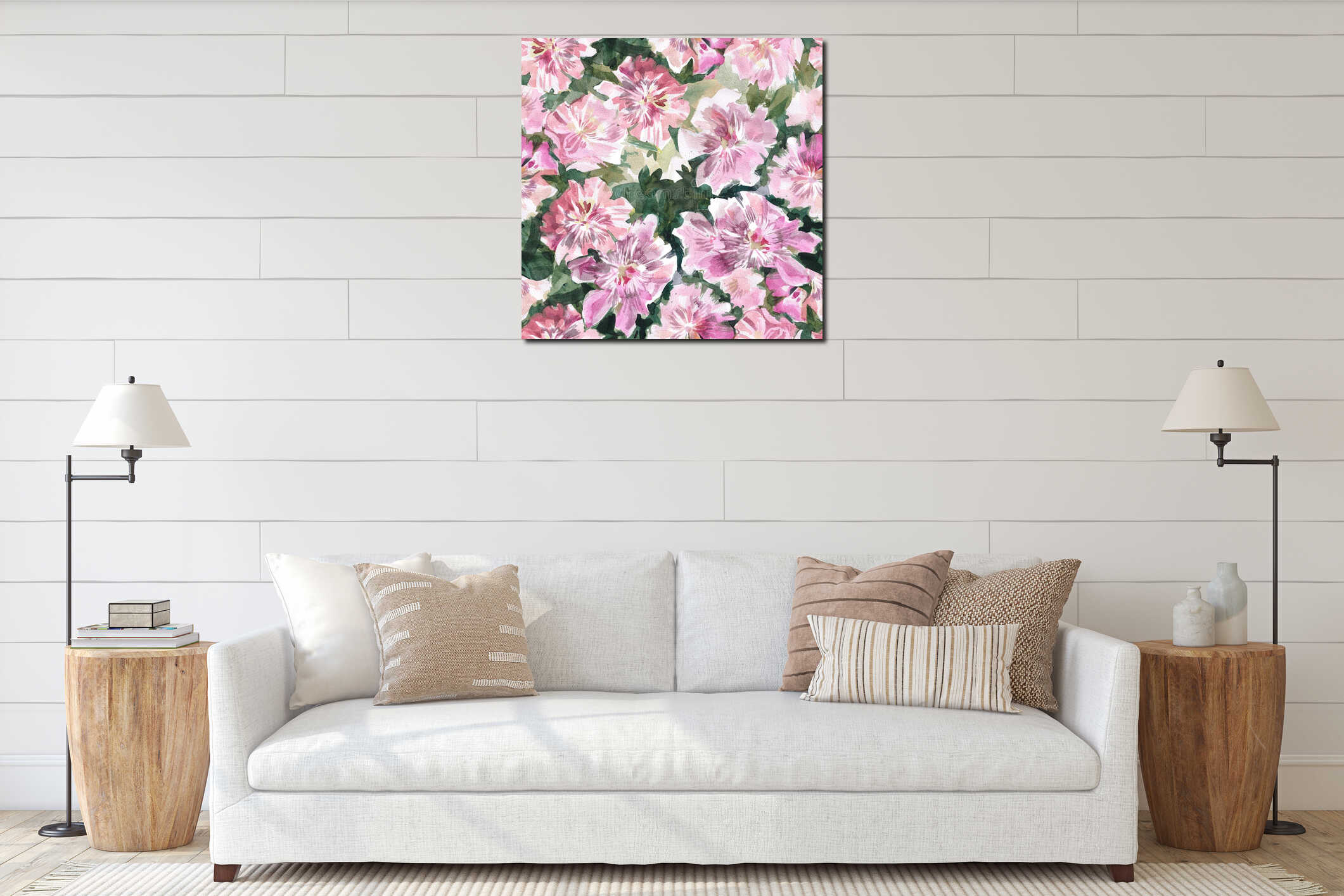 seamless fabric designwith pink pions flowers, watercolor painting interior mockup