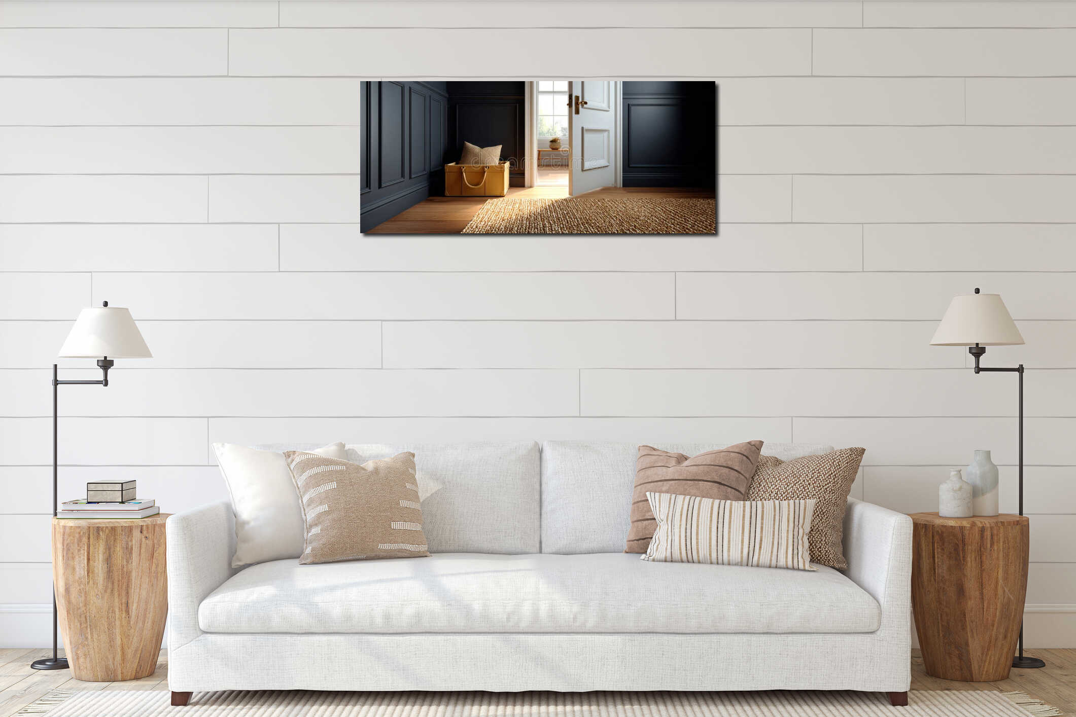 Minimalist interior hallway with dark paneled walls, wooden floor, woven rug, and an open white door leading to a bright room with interior mockup