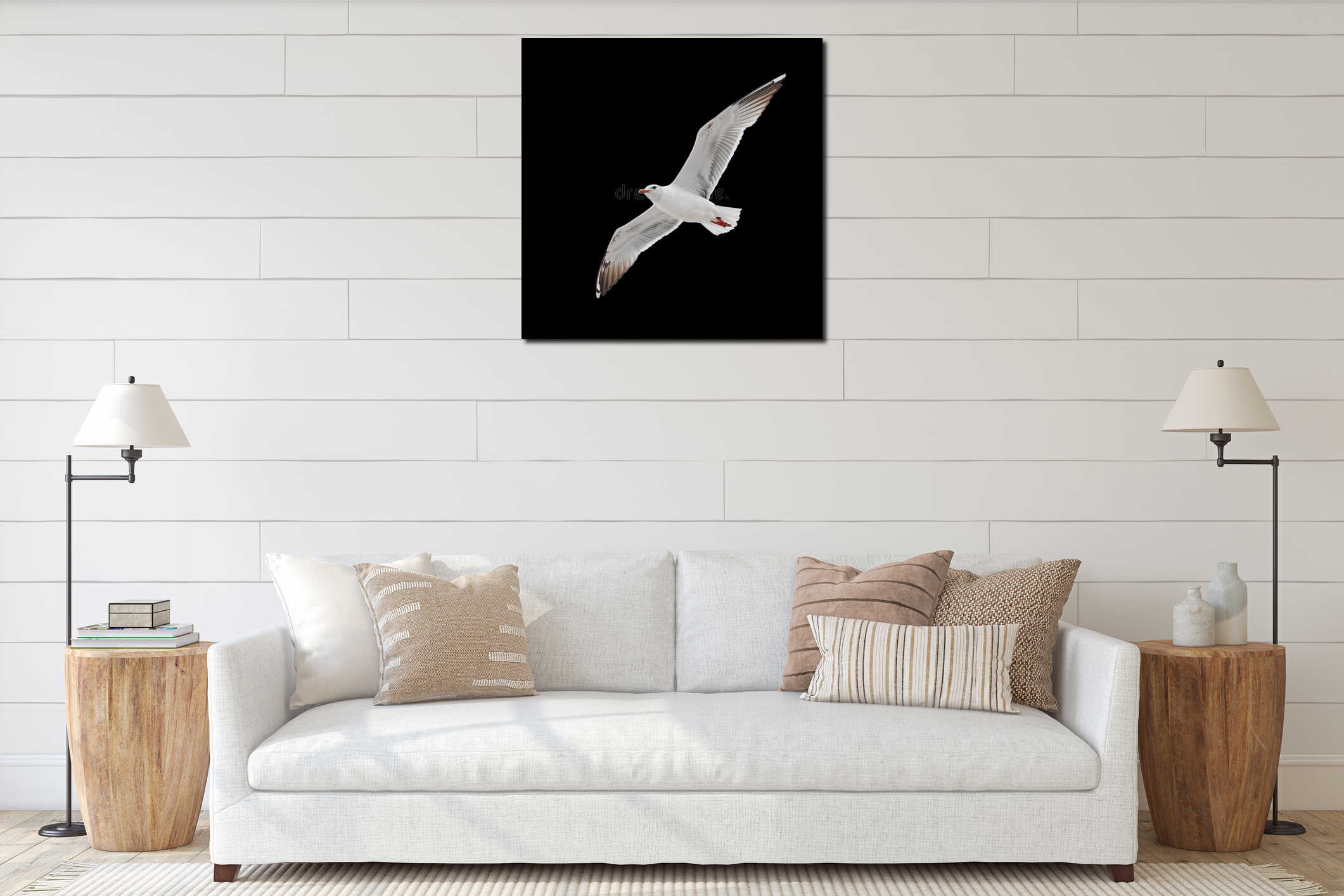 Seagull Flying Over a Beach During Daylight Hours in a Coastal Area interior mockup