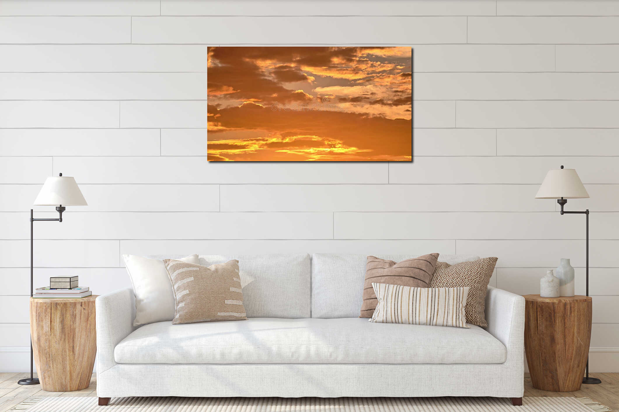 Golden Dawn With Soft Haze, Warm Sunrise Illuminating Distant Cloud Layers With Reflective Glow interior mockup