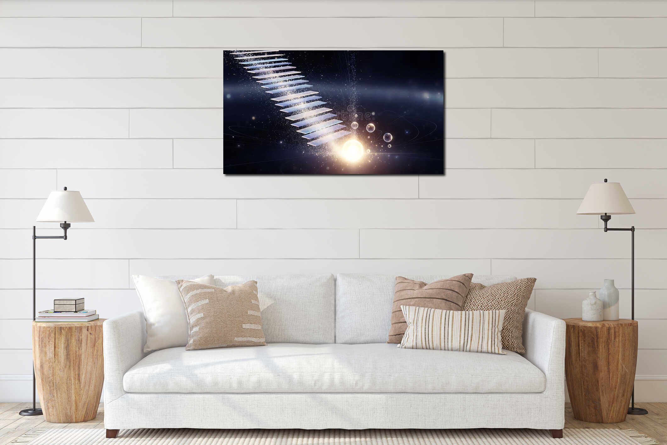 Abstract glowing staircase ascends into dark space surrounded by sparkling particles and ethereal light orbs interior mockup