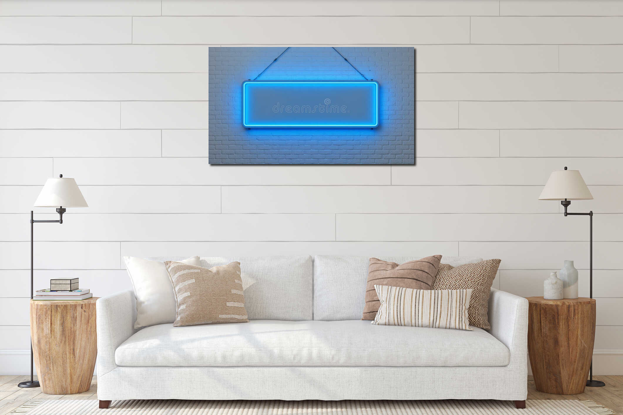 Bright blue neon rectangular sign, hanging from a chain against a white brick wall, urban glow. interior mockup