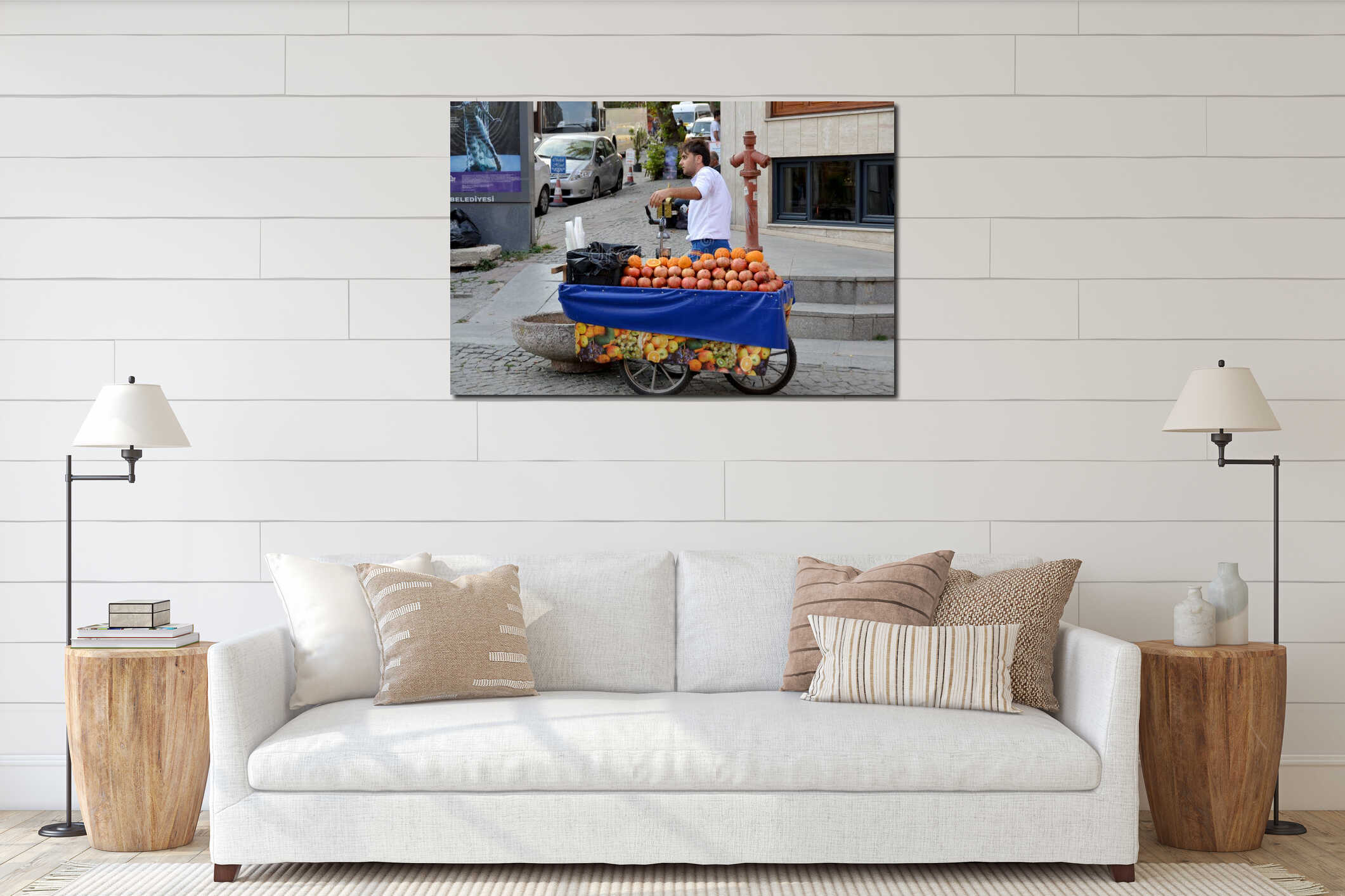 Young man sells food interior mockup