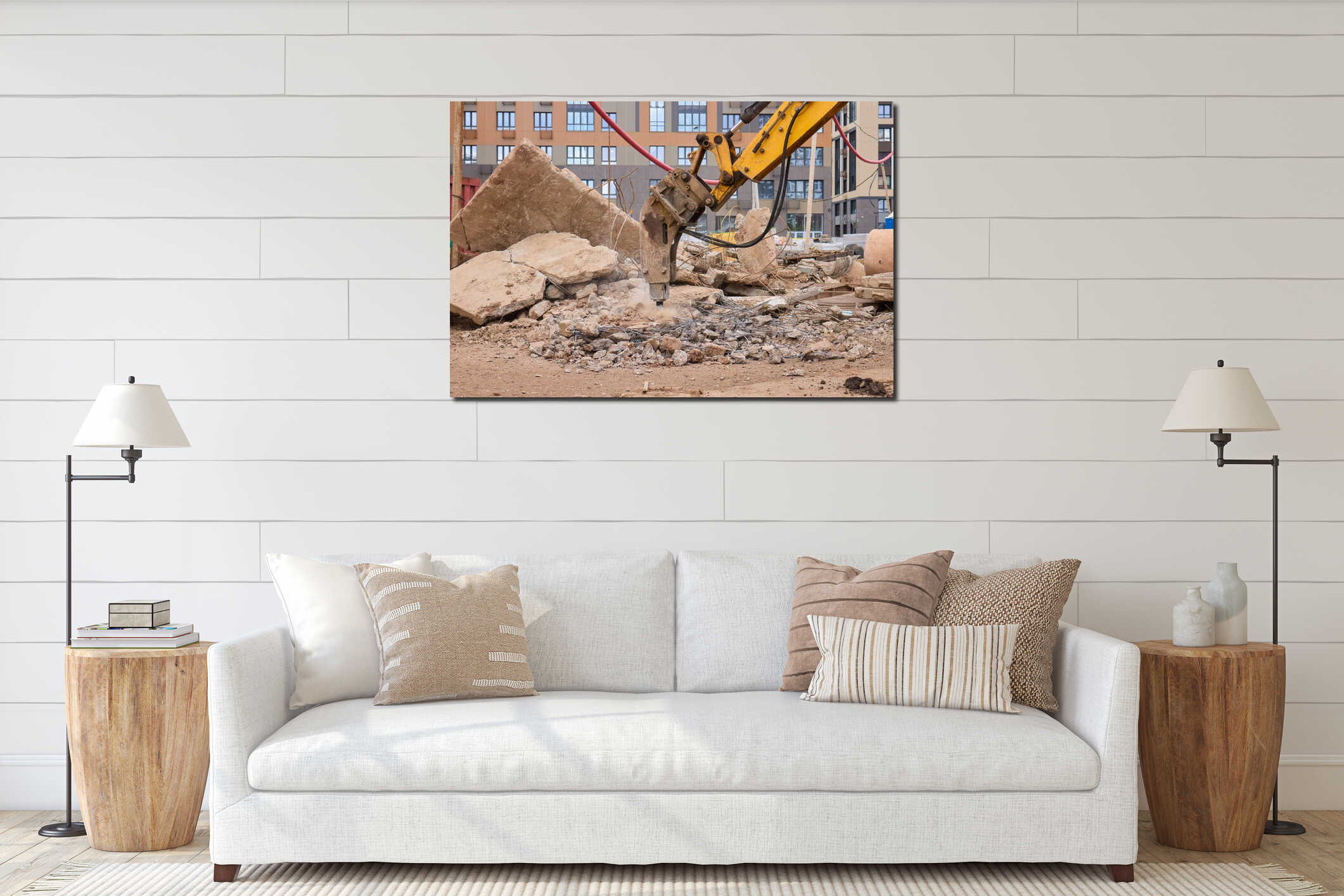 A bustling construction site filled with heavy machinery and ongoing demolition work interior mockup