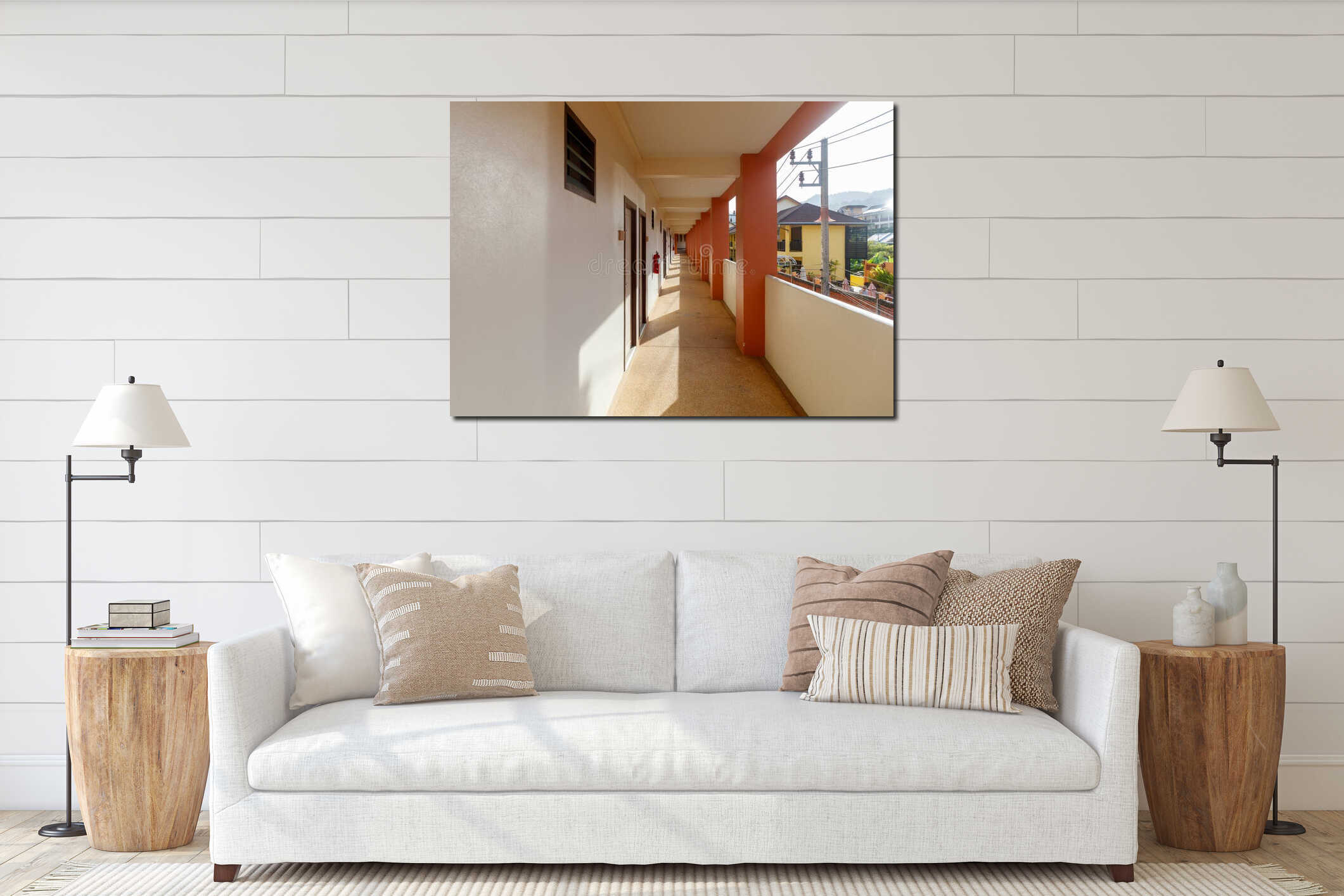 A long hallway with a red fire extinguisher on the wall interior mockup