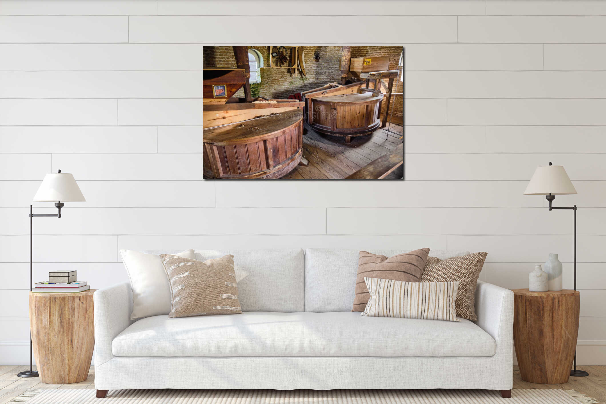 Interior View Of An Old Windmill With Wooden Mill stone tuns And Stone Walls Showing The Milling Process And Historical interior mockup
