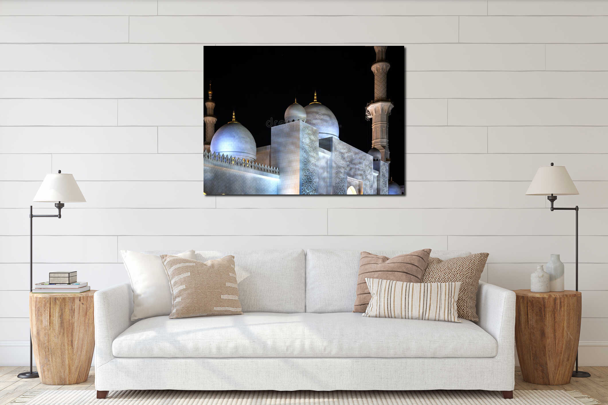 Sheikh Zayed Grand Mosque Domes and Minaret at Night interior mockup