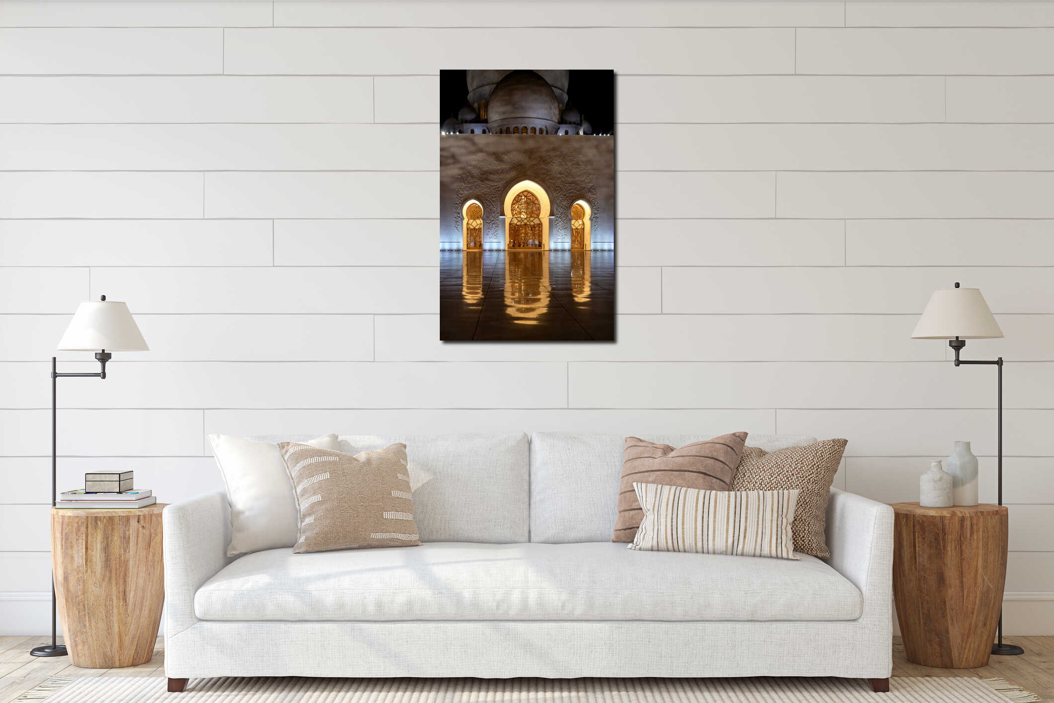 Sheikh Zayed Grand Mosque Domes and Minaret at Night interior mockup