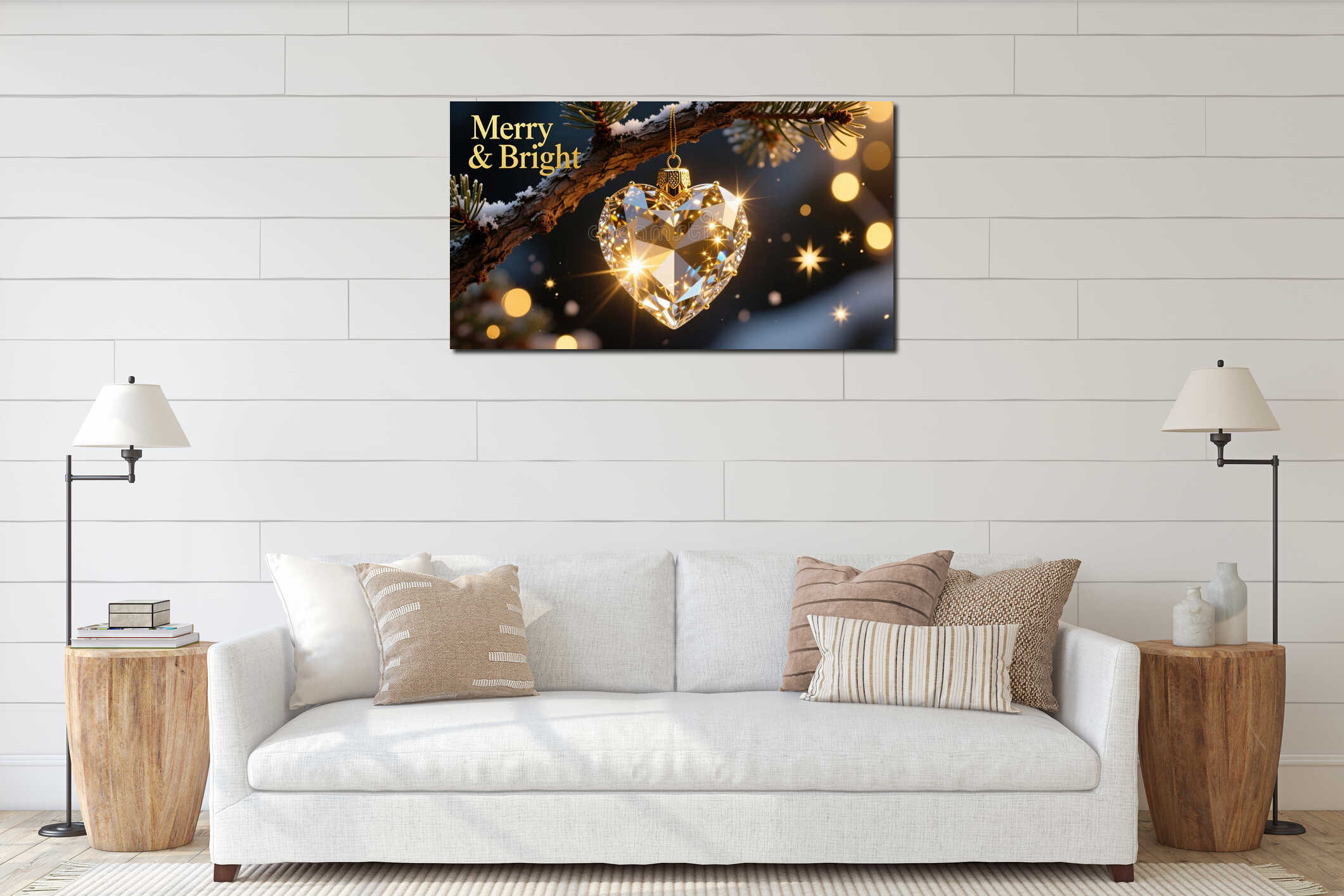 Luxury Diamond Heart Ornament Hanging on Pine Branch with Golden Bokeh Background interior mockup