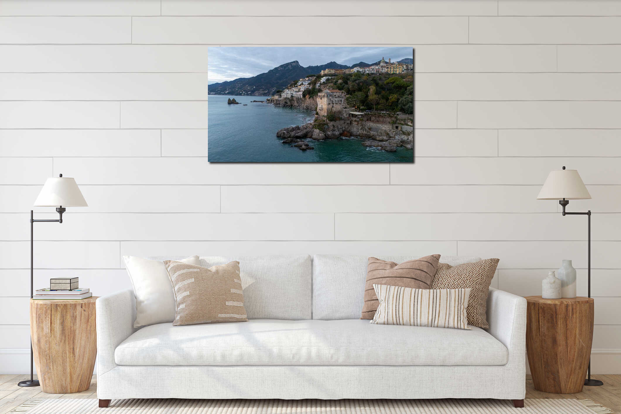 Drone aerial view of Torre Crestarella in Vietri sul Mare on the Amalfi Coast in Italy interior mockup