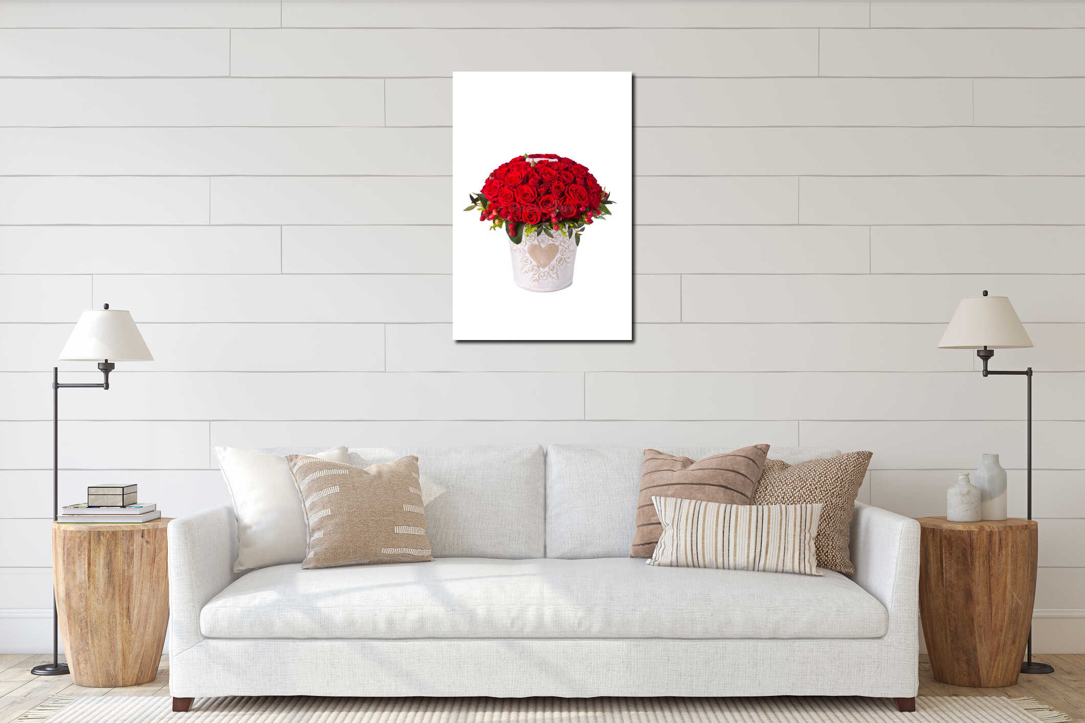 Bunch red roses in bucket. Isolated on white background interior mockup