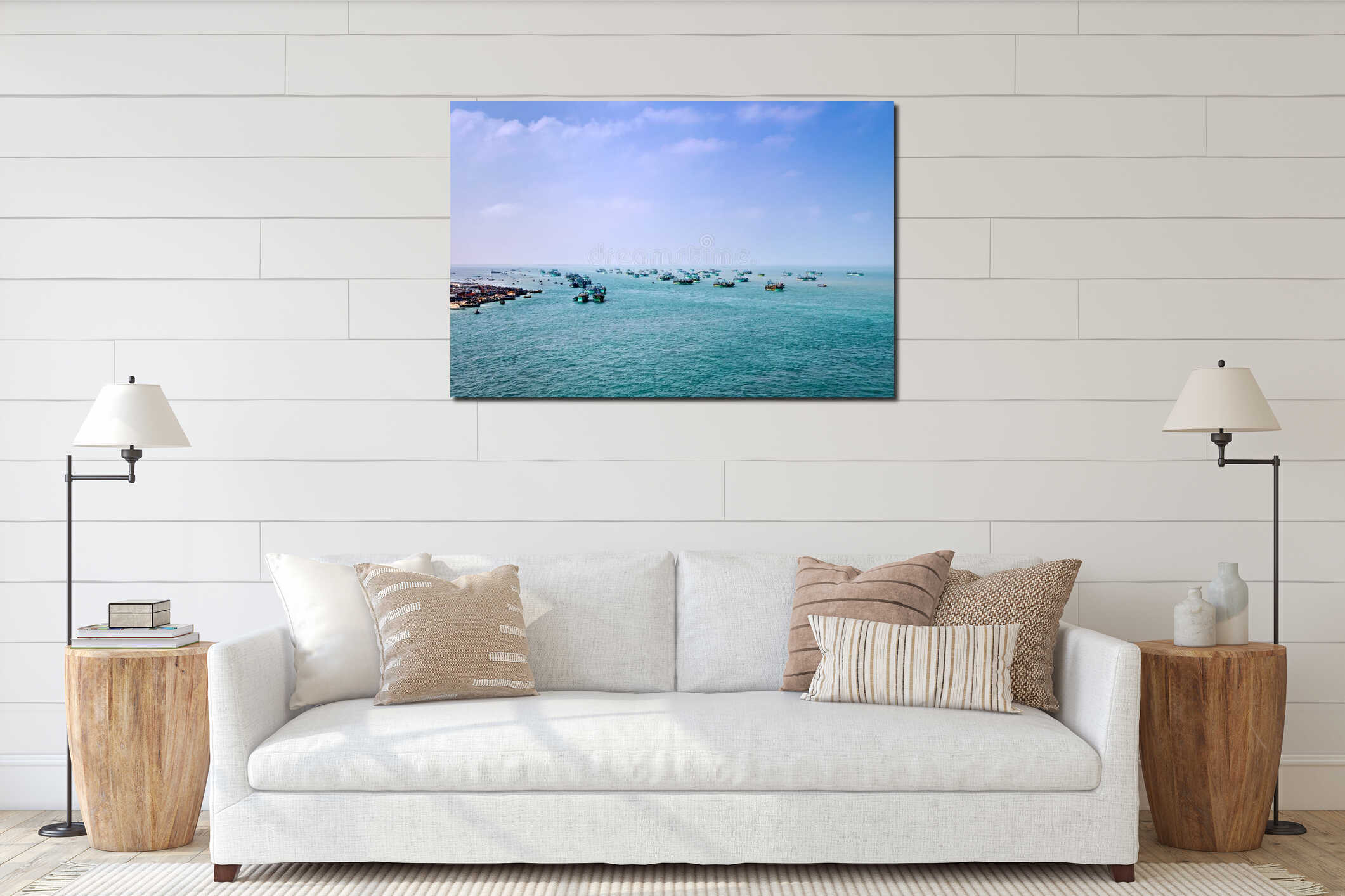 Small green fishing boats in the sea in Rameswaram, India interior mockup