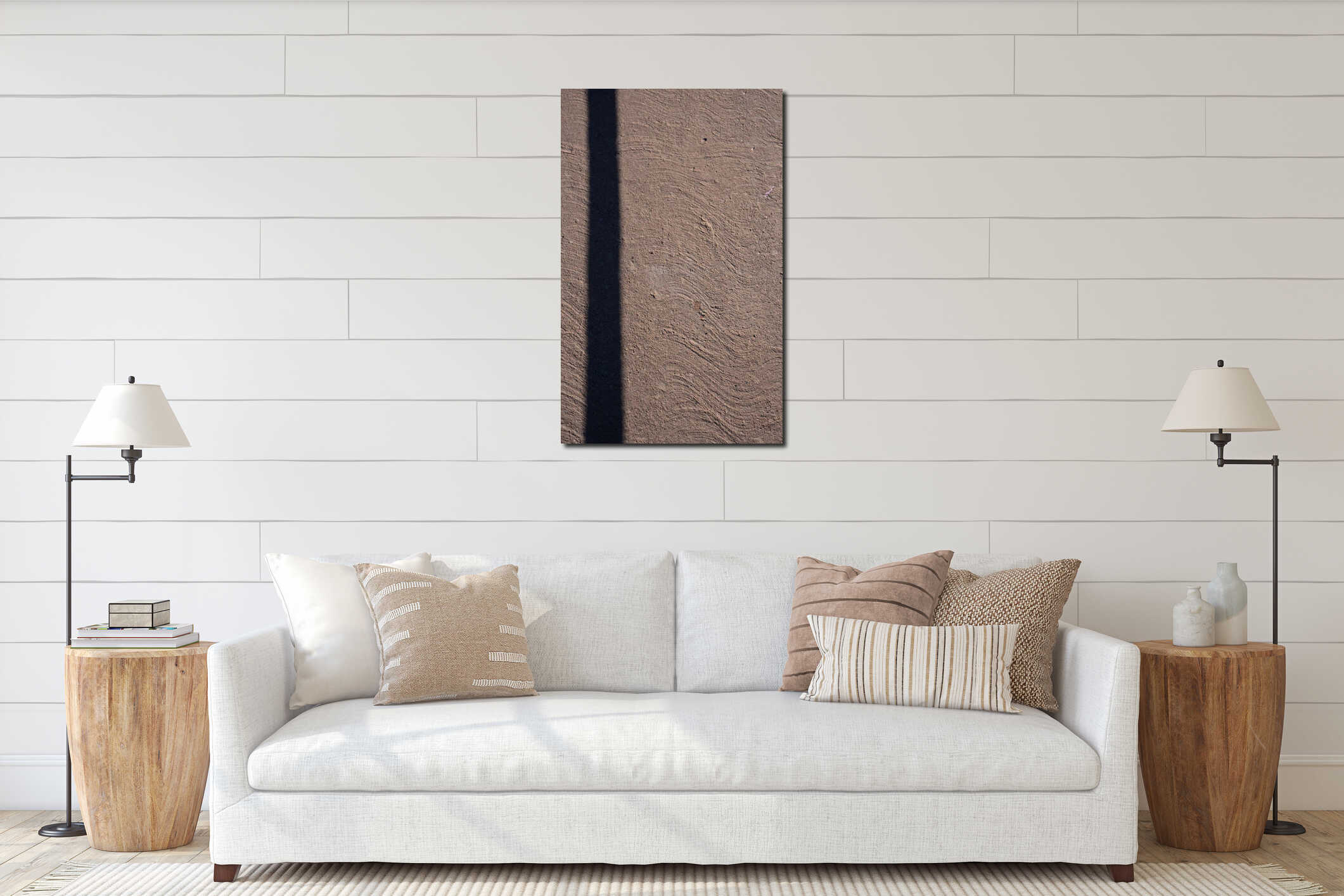 Peach colored textured cement or concrete wall with one vertical shadow line dividing the blank space interior mockup
